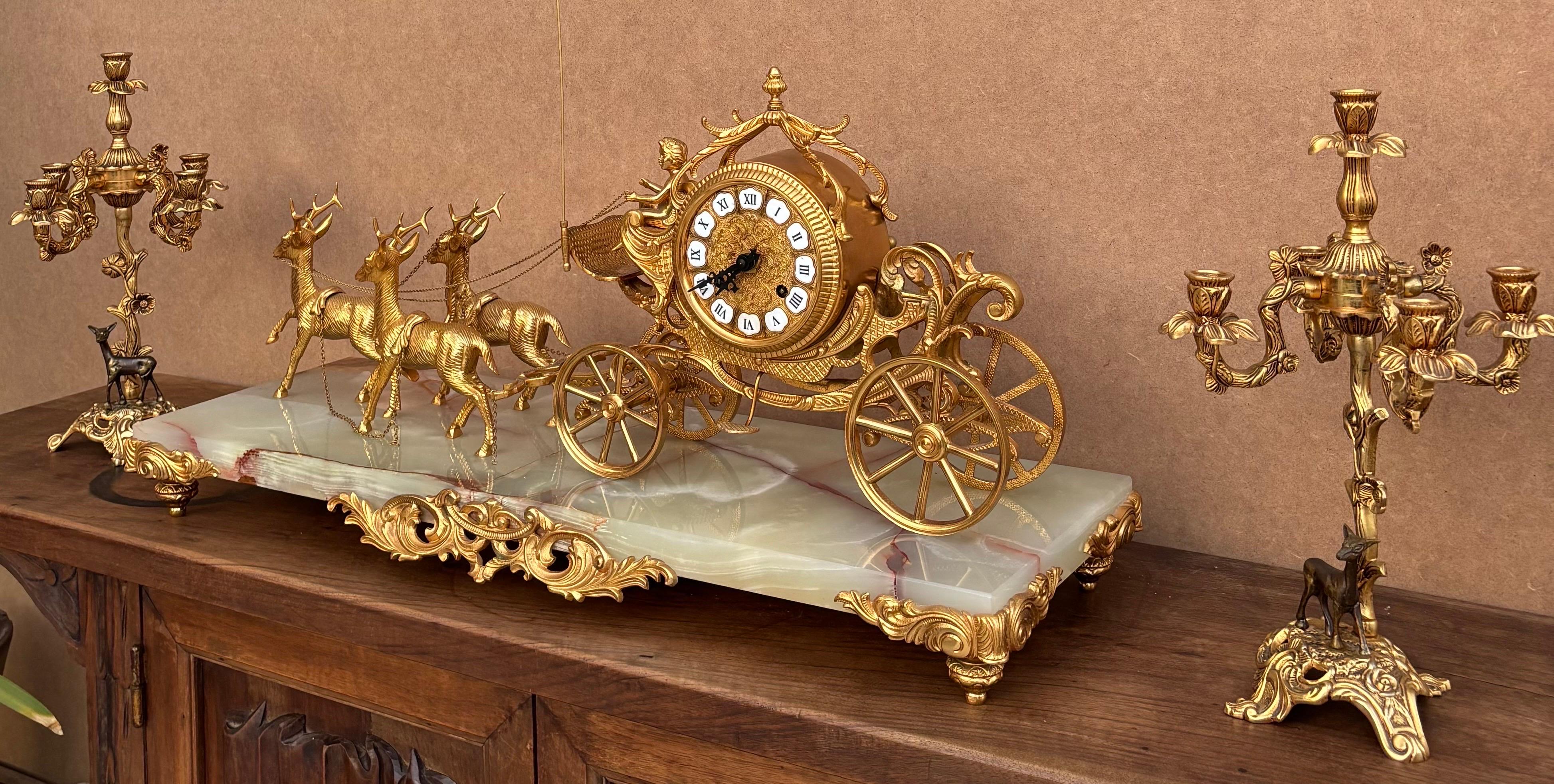 Early 20th Century Carriage Clock With Deer And Candlesticks In Gilt Bronze For Sale 1