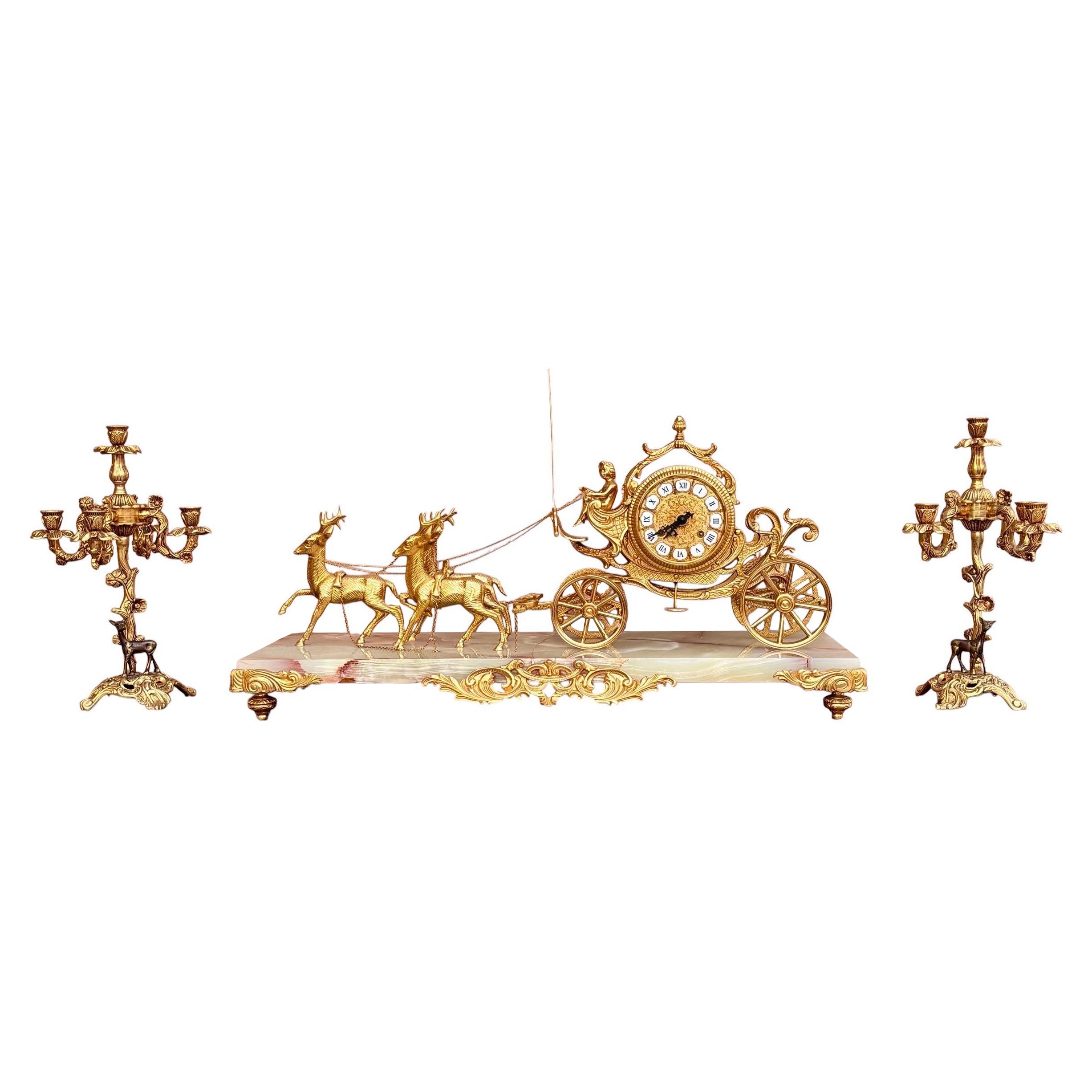 Early 20th Century Carriage Clock With Deer And Candlesticks In Gilt Bronze For Sale