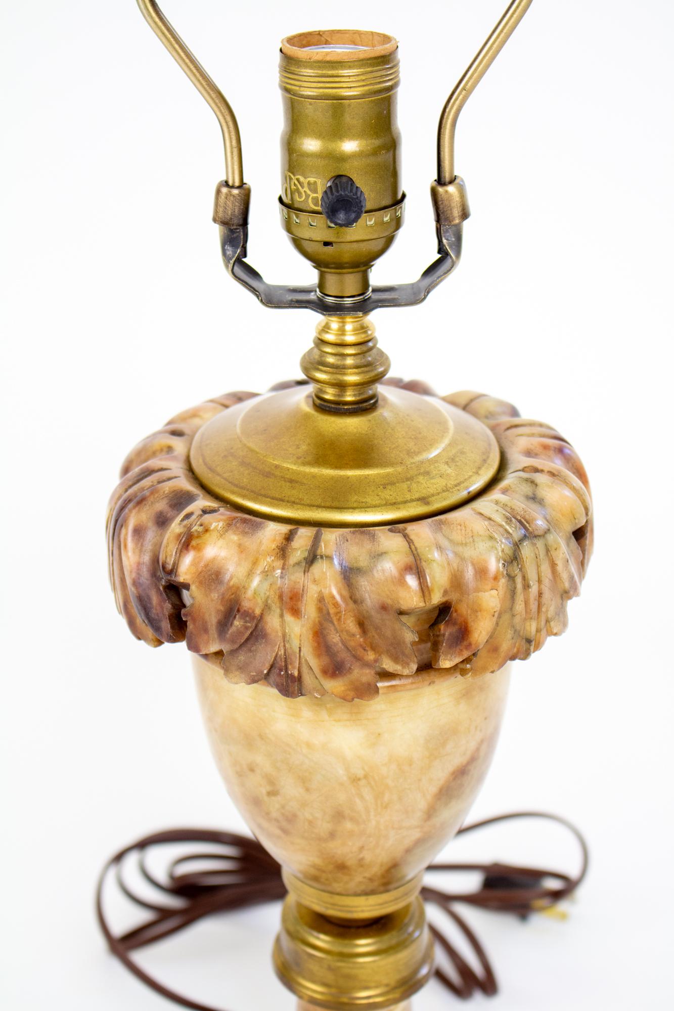 Italian Early 20th Century Carved Alabaster Table Lamp With Wooden Base For Sale
