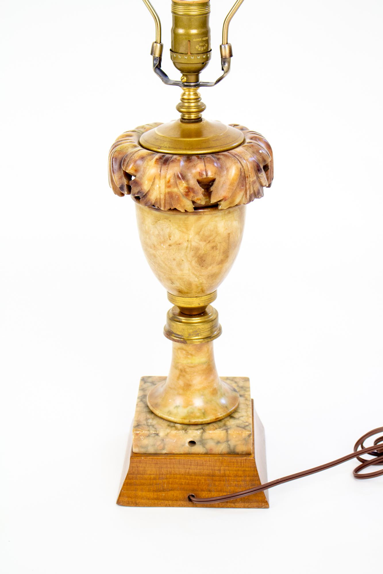 Early 20th Century Carved Alabaster Table Lamp With Wooden Base For Sale 1