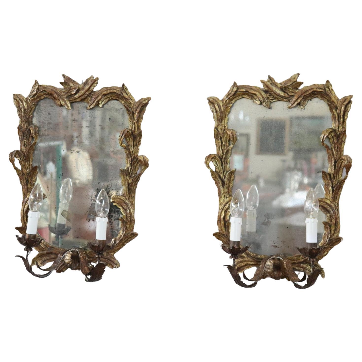 Early 20th Century Carved and Gilded Wood Sonces with Mirror, Set of Two