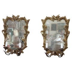 Antique Early 20th Century Carved and Gilded Wood Sonces with Mirror, Set of Two