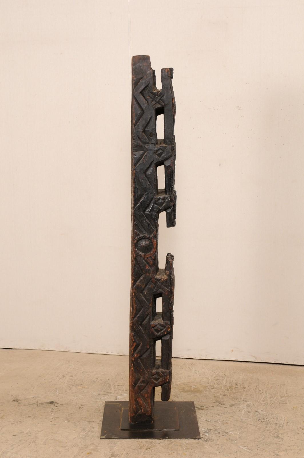 Wood 6+ Ft. Tall Antique Carved Architectural Lintel Beam from Central Asia on Stand For Sale