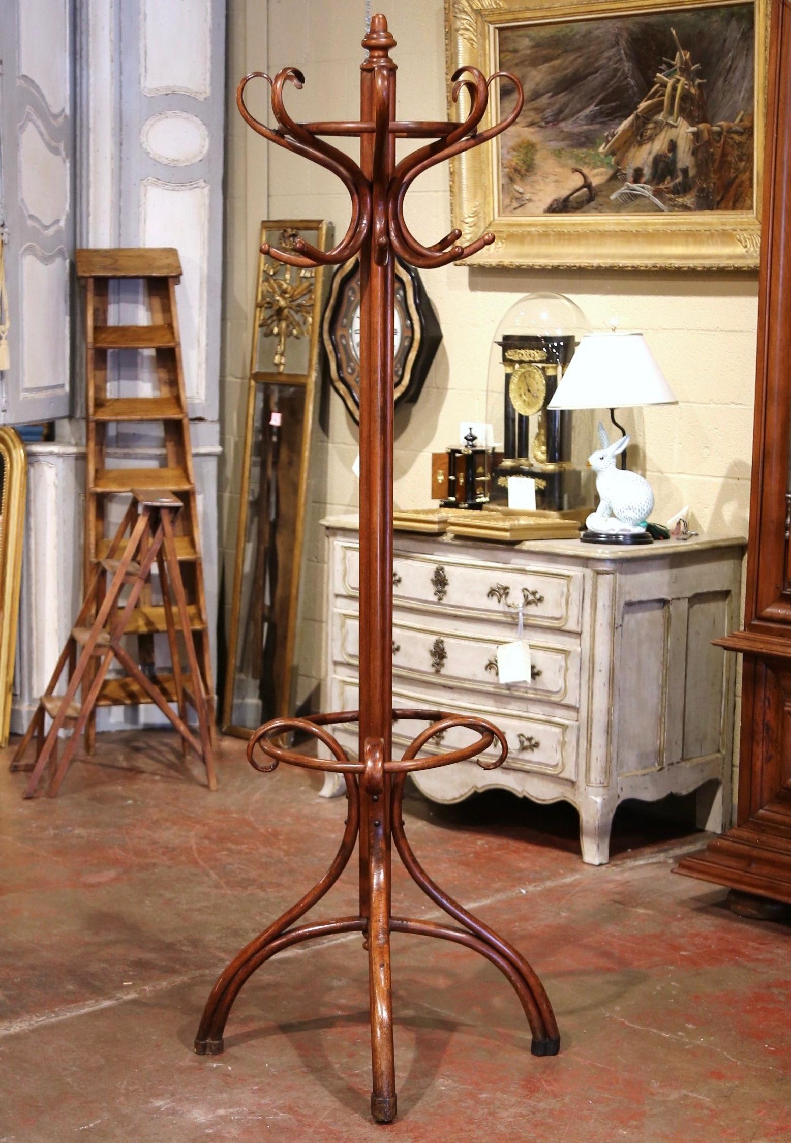 French Early 20th Century Carved Bentwood Coat Stand with Umbrella Ring Thonet Style