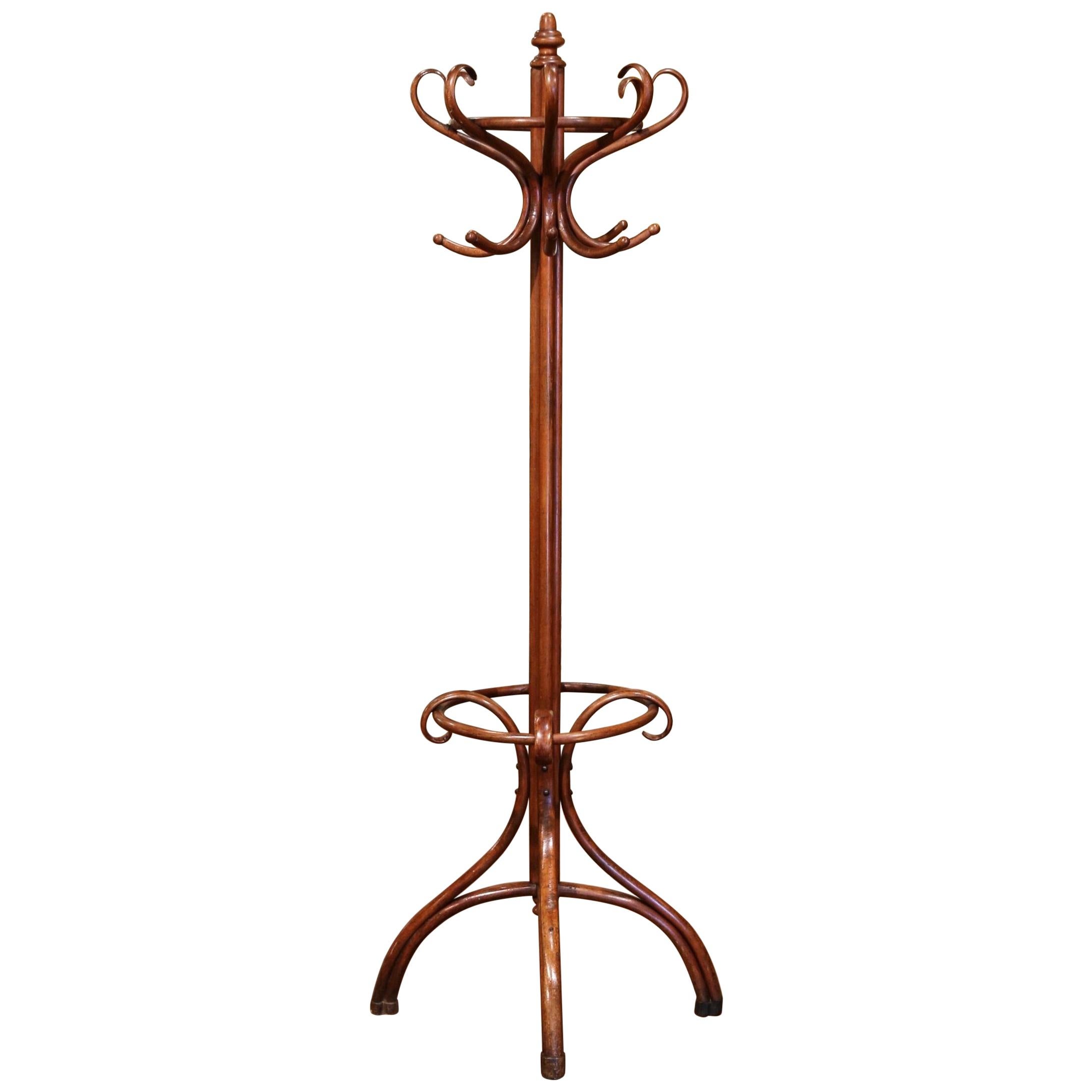 Early 20th Century Carved Bentwood Coat Stand with Umbrella Ring Thonet Style