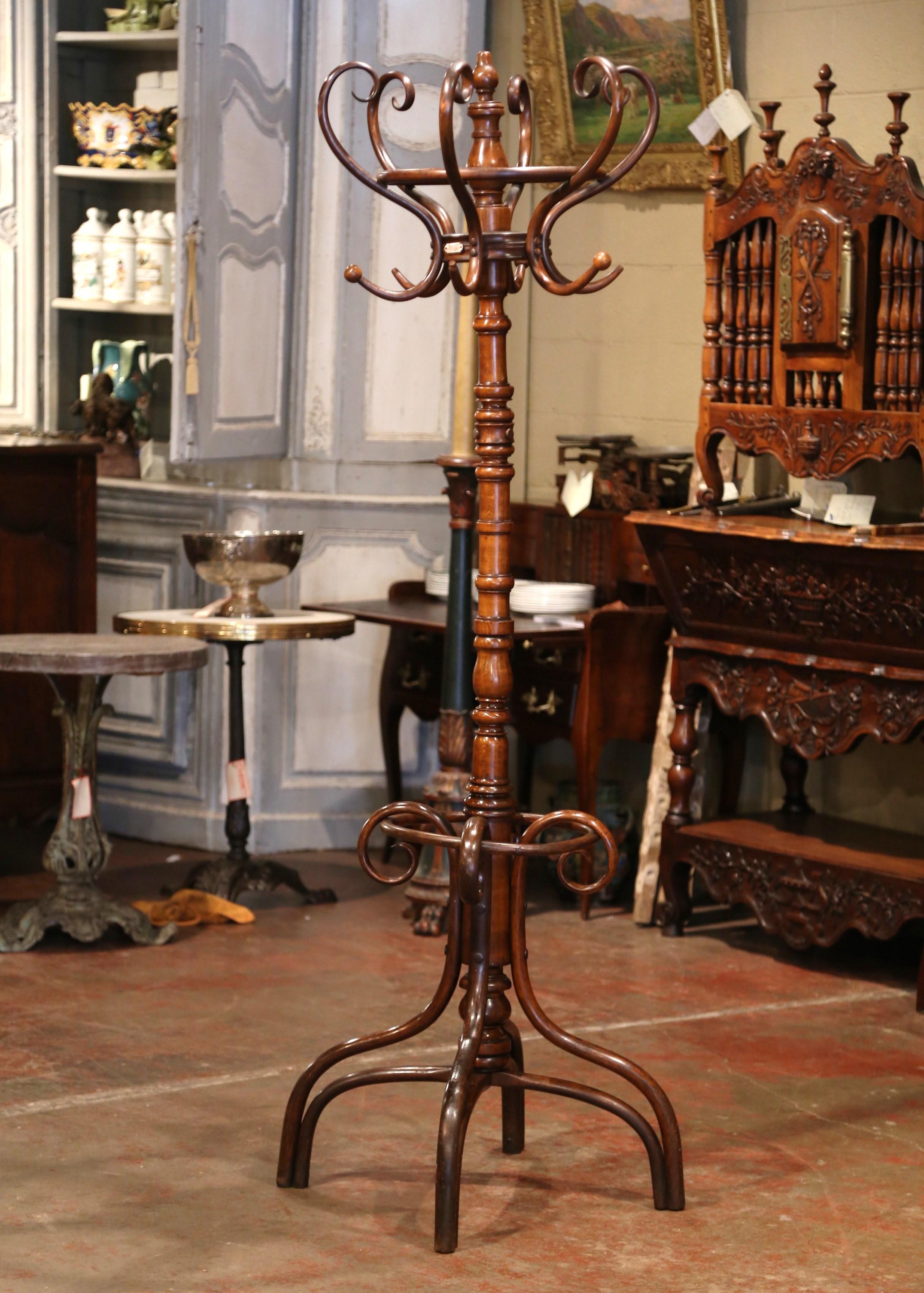 French Early 20th Century Carved Bentwood Swivel Coat Stand Thonet Style Signed Gervais