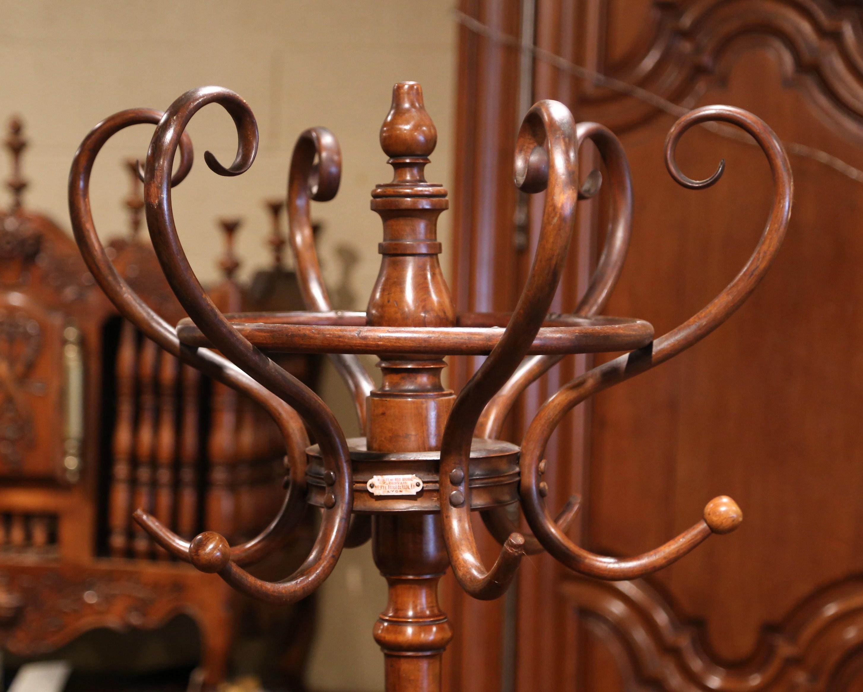 Patinated Early 20th Century Carved Bentwood Swivel Coat Stand Thonet Style Signed Gervais