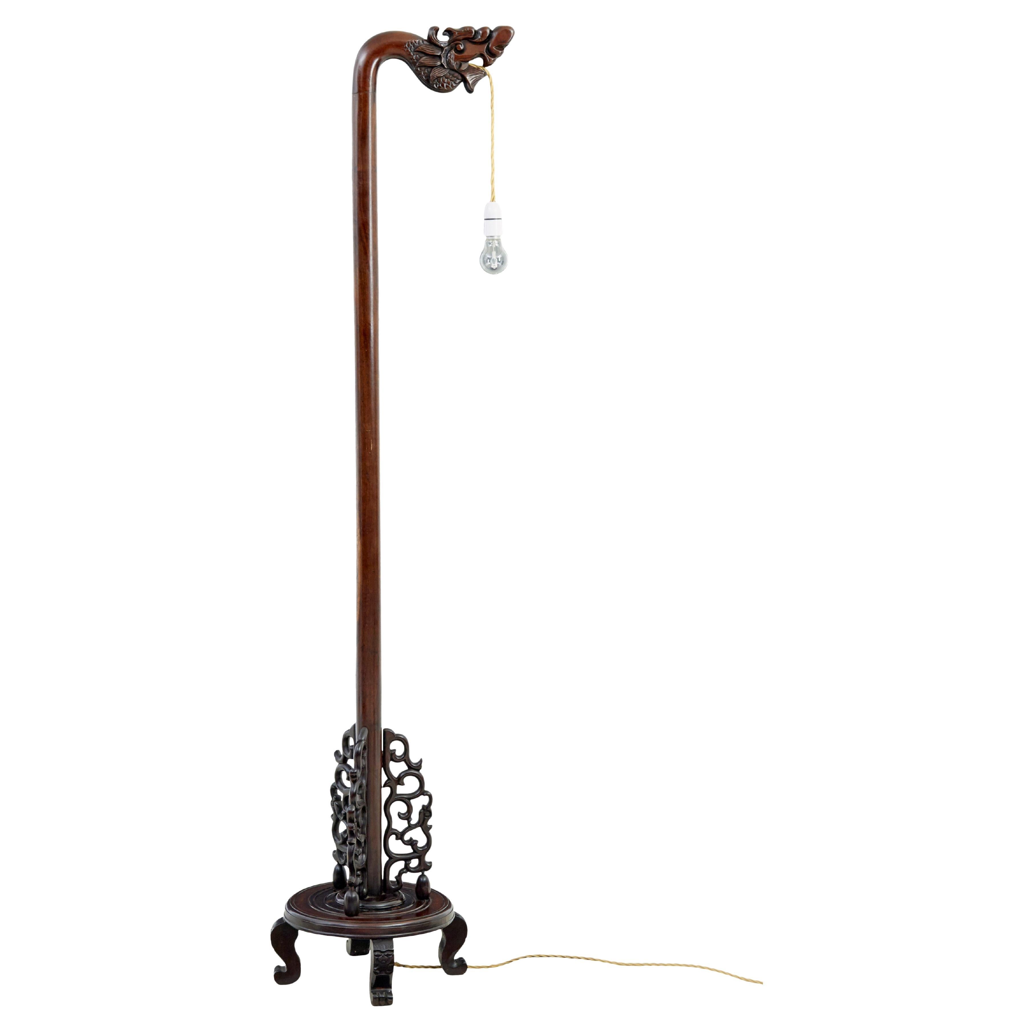 Early 20th century carved Chinese hard wood floor lamp For Sale