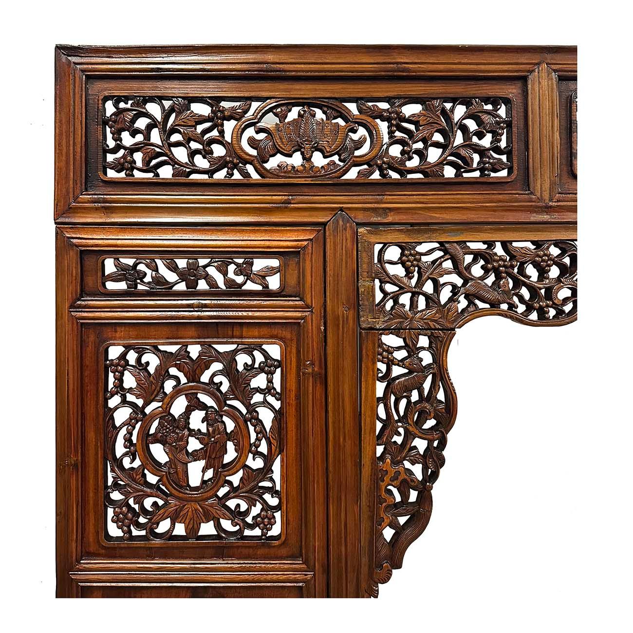Beautifully hand-crafted from pine and beech wood, this intricate marriage bed fascia would be a real talking point in a modern home. It originates from southern China - Jiangsu province, with wonderful carvings in deep relief set within