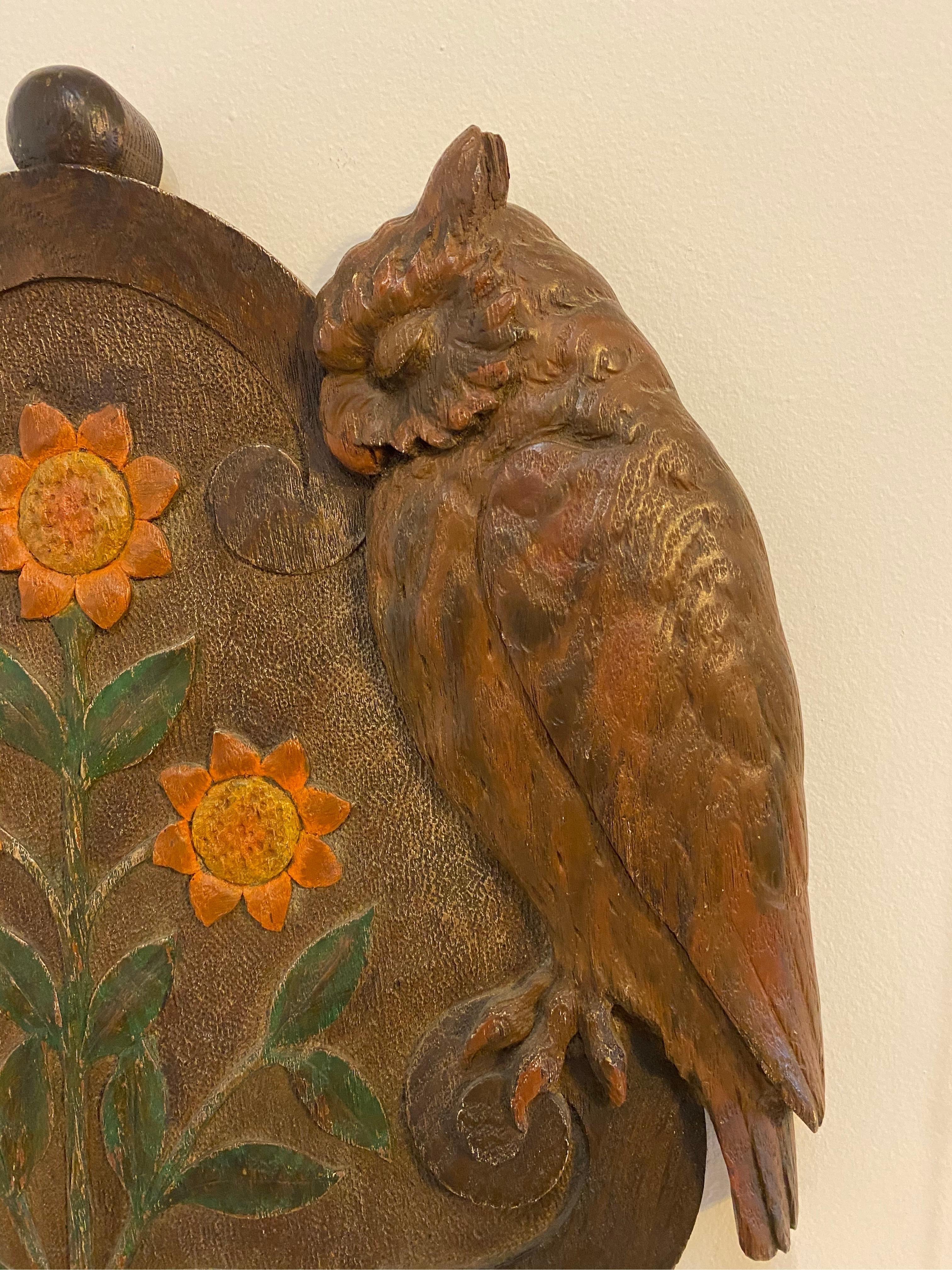 Unknown Early 20th Century Carved Folk Art Plaque of Owls and Sunflowers