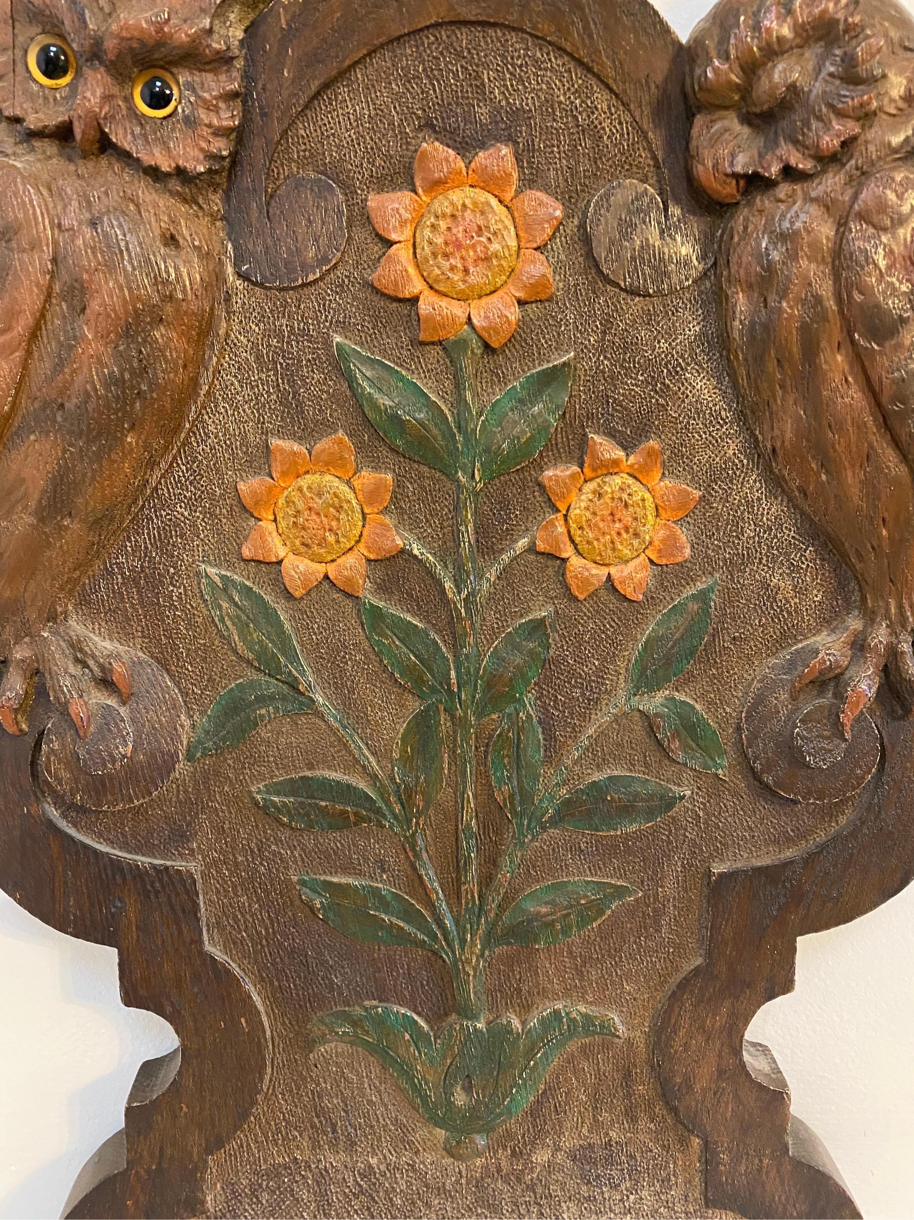 Early 20th Century Carved Folk Art Plaque of Owls and Sunflowers In Good Condition In Charleston, SC