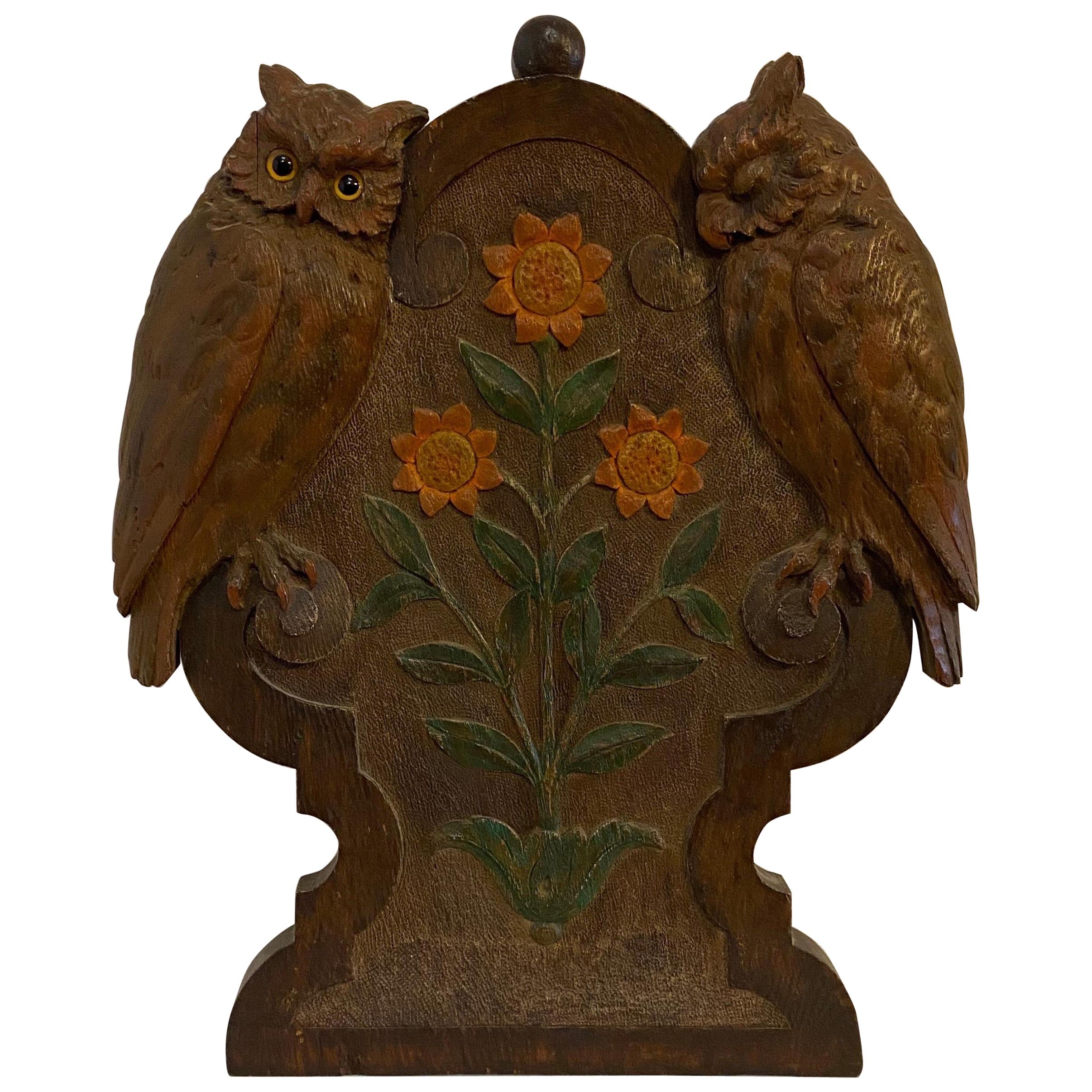 Early 20th Century Carved Folk Art Plaque of Owls and Sunflowers