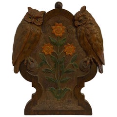 Early 20th Century Carved Folk Art Plaque of Owls and Sunflowers