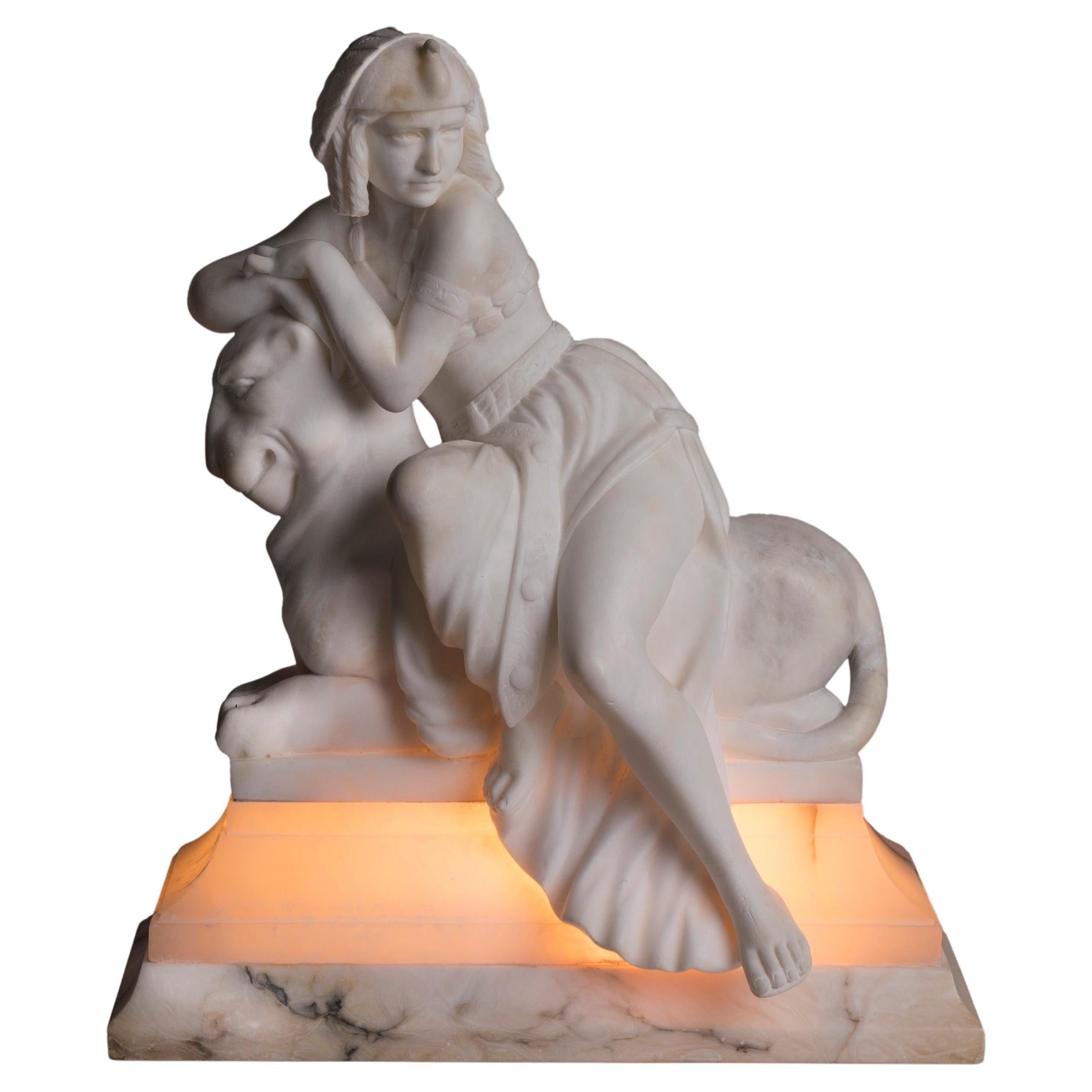 Early 20th Century Carved French Alabaster Lamp in the Egyptian Revival Style