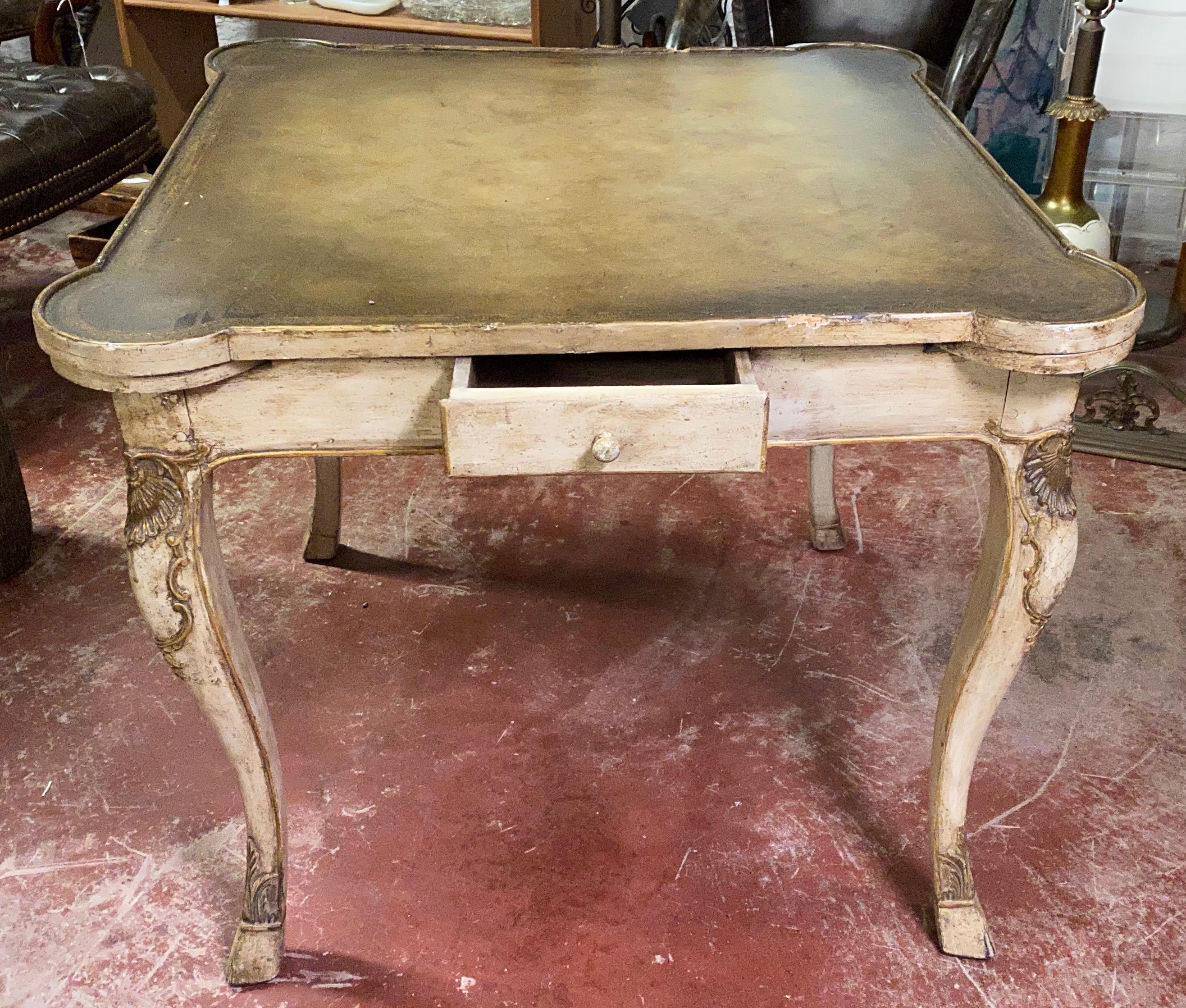 Hand-Carved Early 20th Century Carved French Games Table with Leather Top For Sale