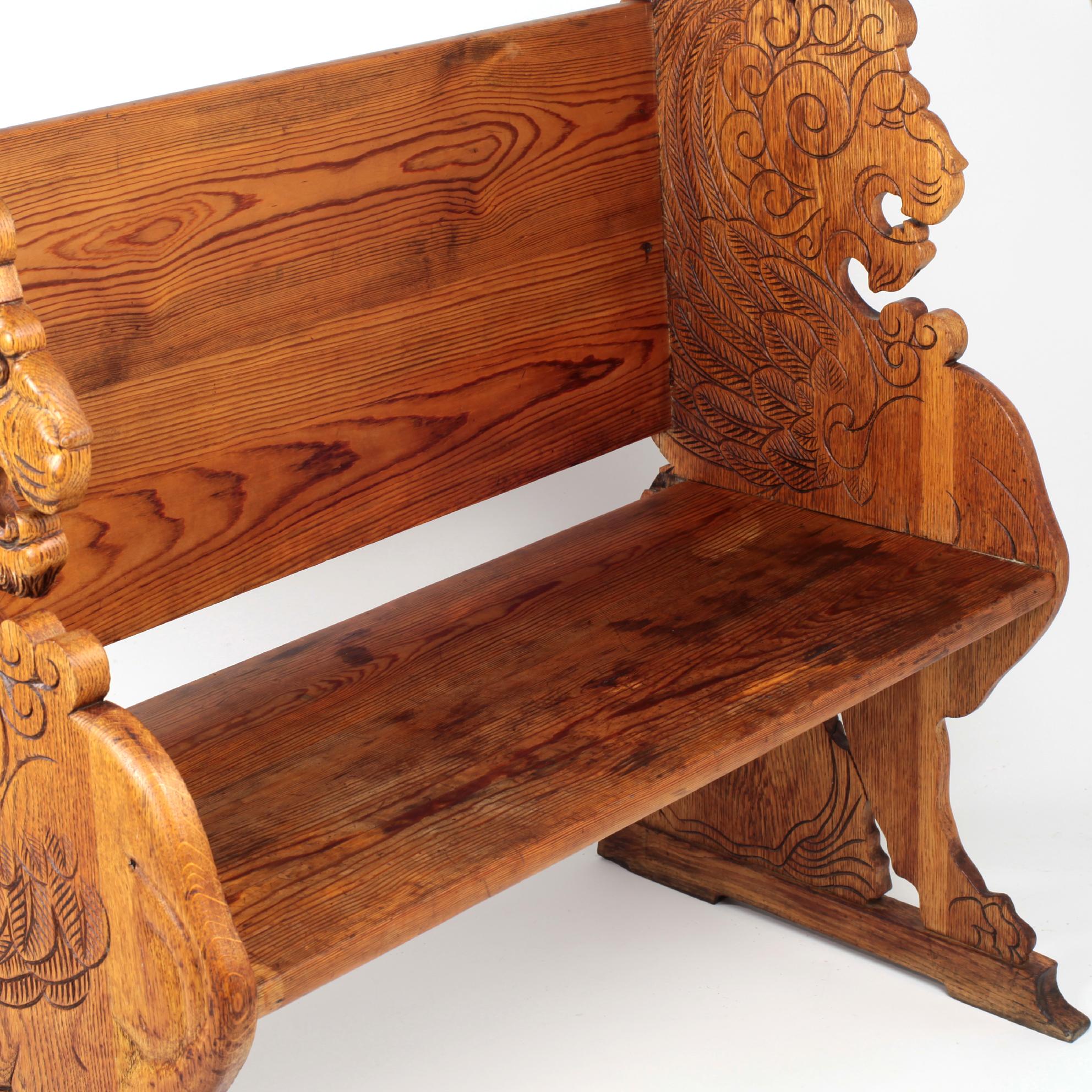 Early 20th Century Carved Lion Bench Oak and Pine Sweden 6