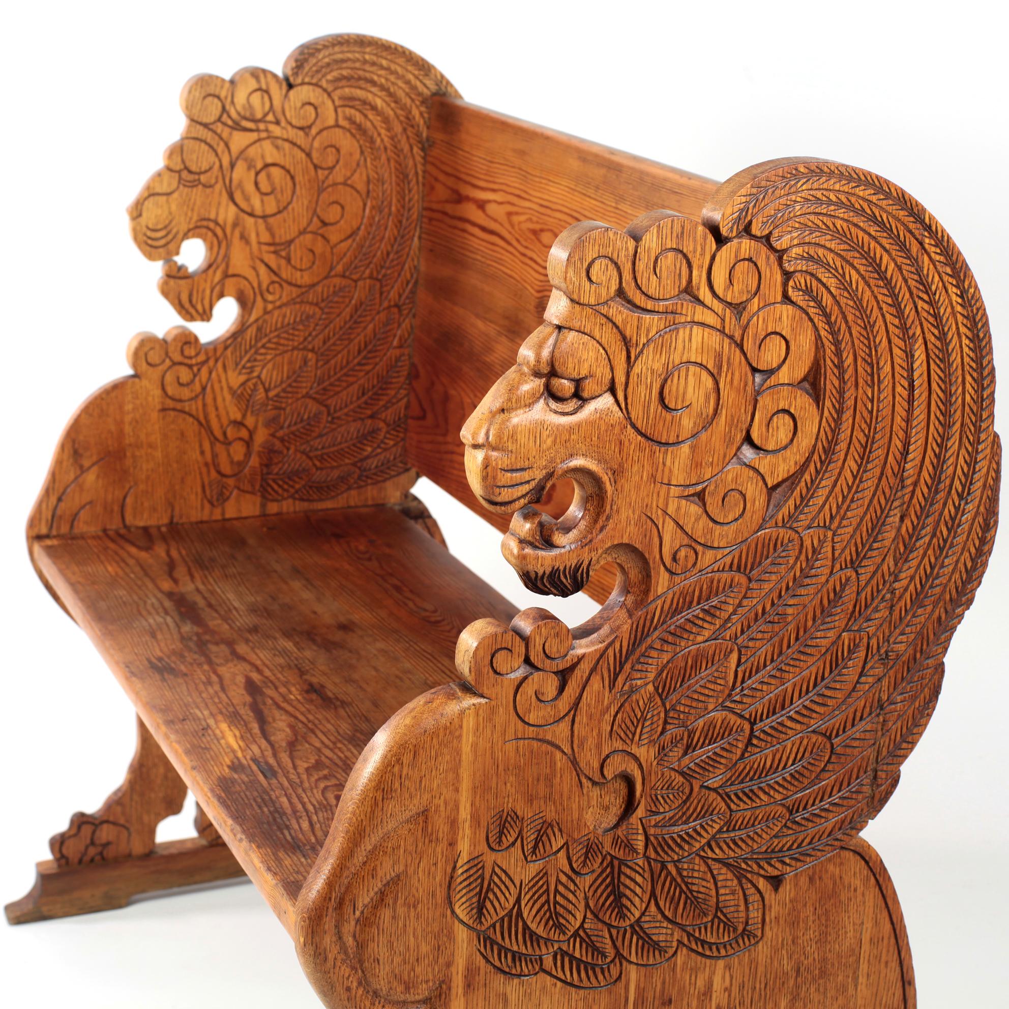 Early 20th Century Carved Lion Bench Oak and Pine Sweden 7