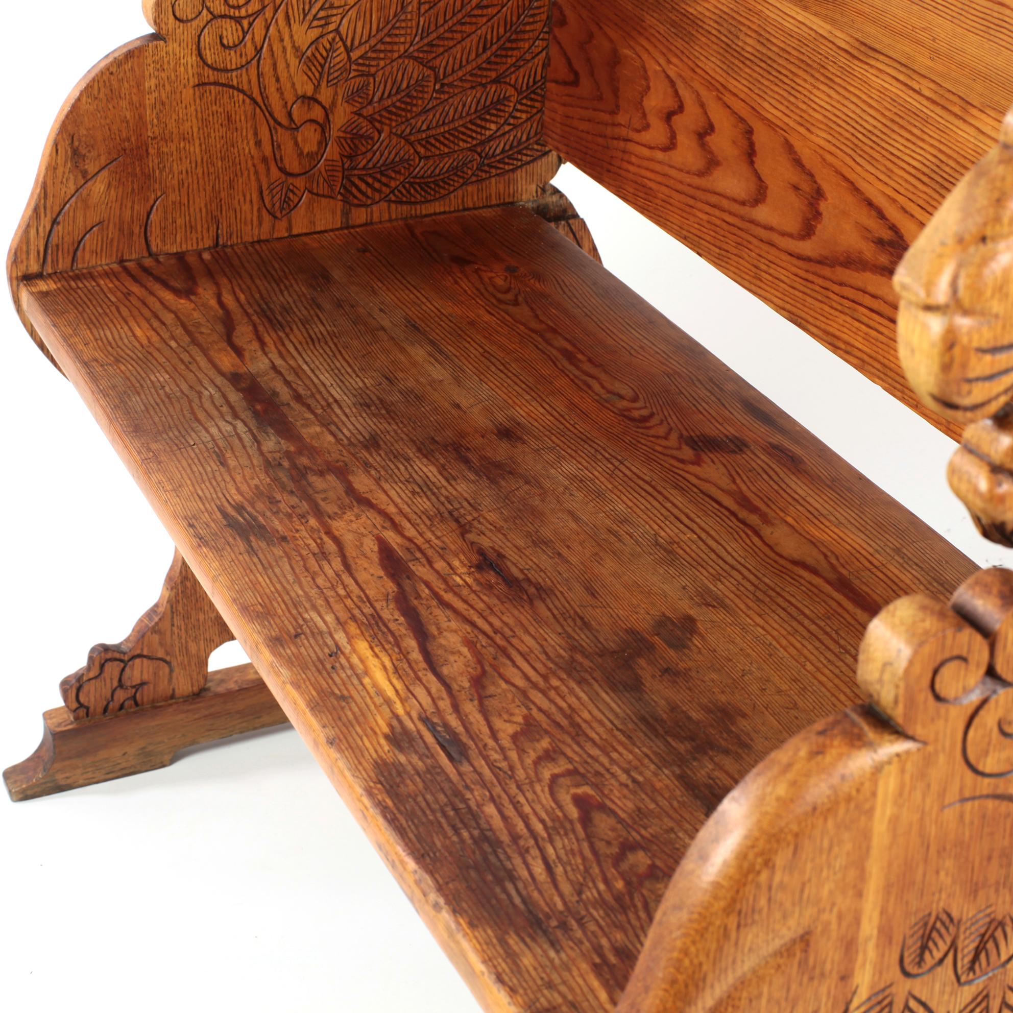 Early 20th Century Carved Lion Bench Oak and Pine Sweden For Sale 8