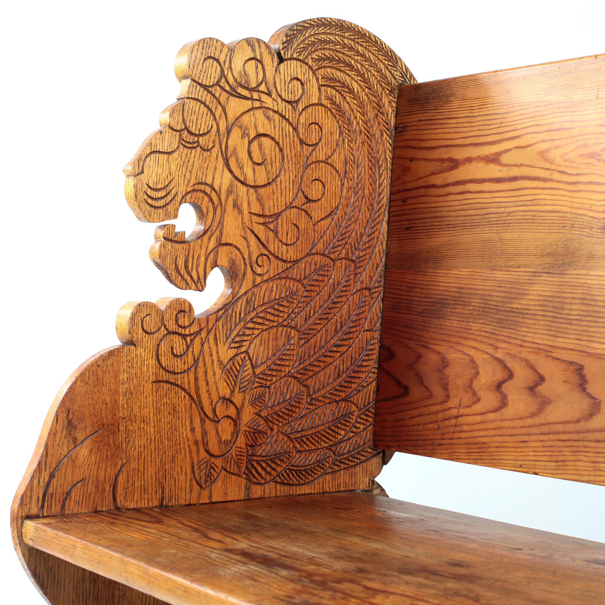 Early 20th Century Carved Lion Bench Oak and Pine Sweden 9