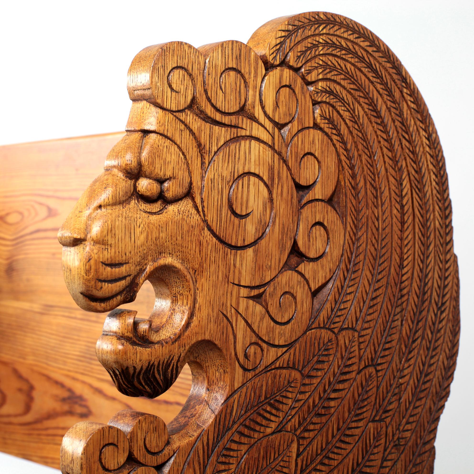 Early 20th Century Carved Lion Bench Oak and Pine Sweden For Sale 10