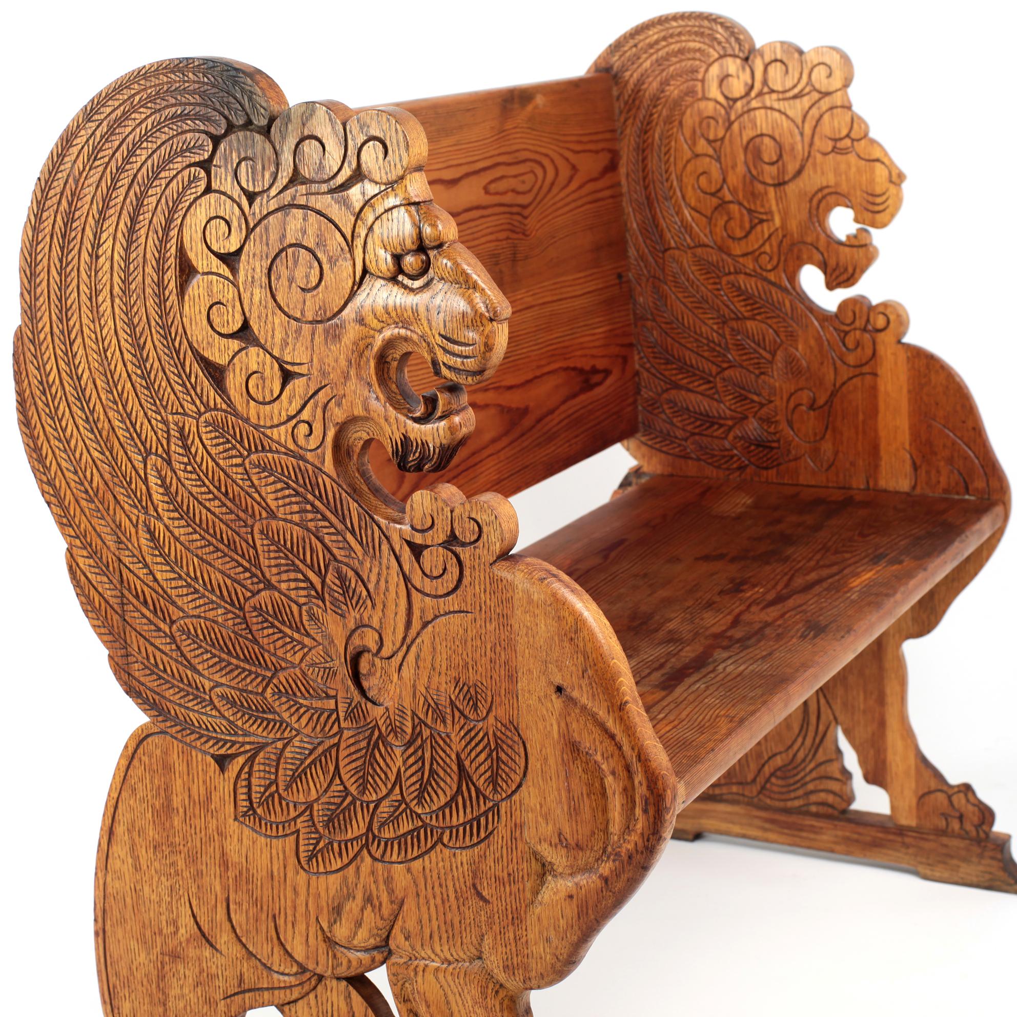 Early 20th Century Carved Lion Bench Oak and Pine Sweden 11