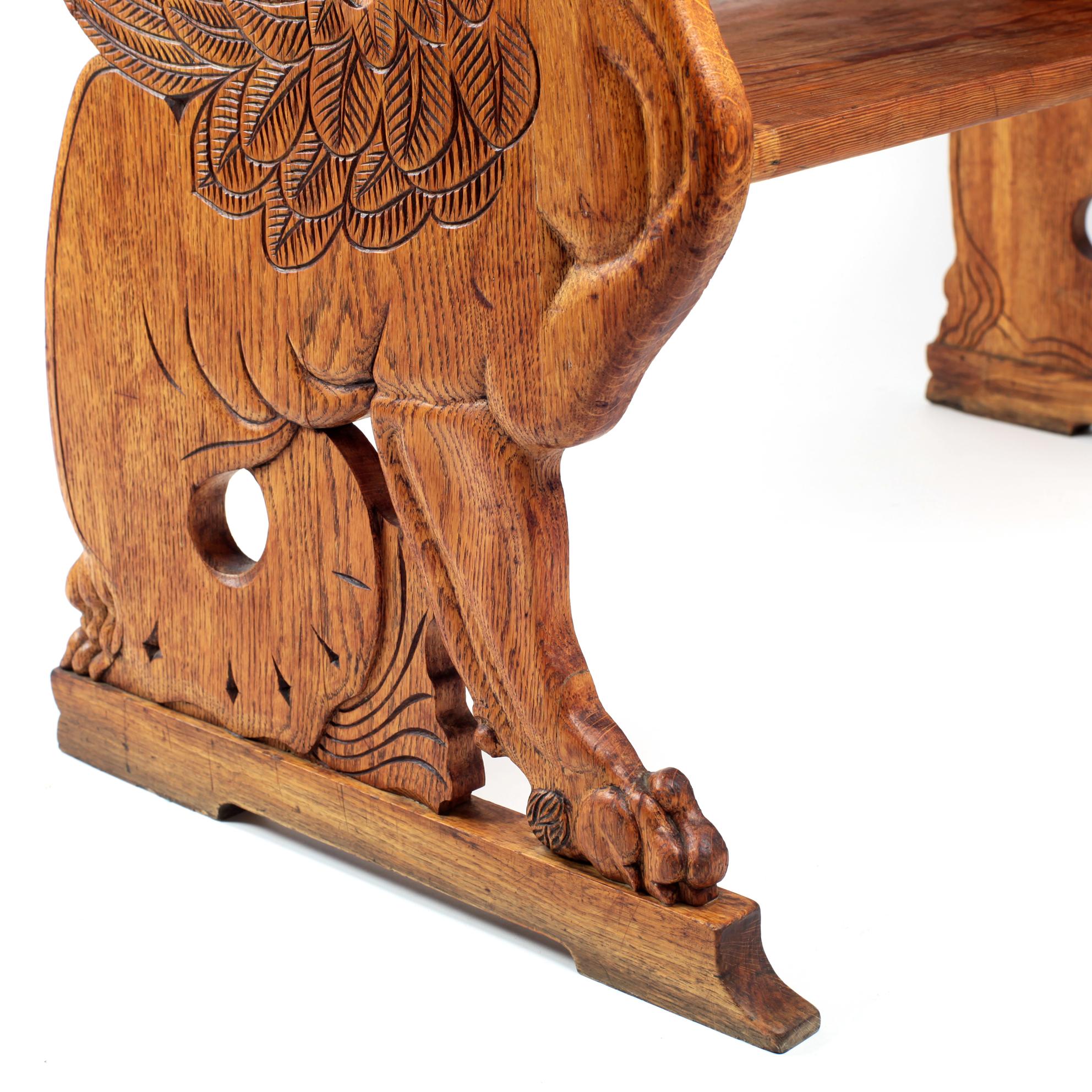 Early 20th Century Carved Lion Bench Oak and Pine Sweden 12
