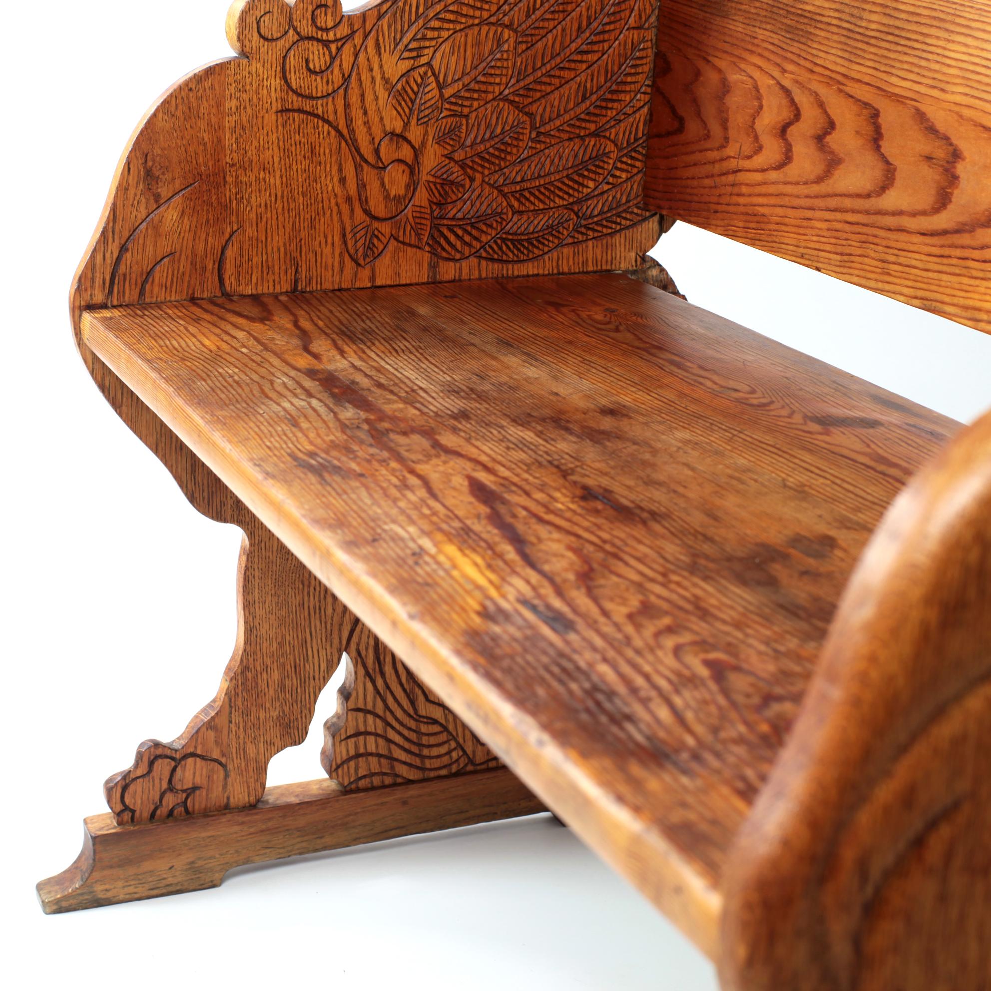 Early 20th Century Carved Lion Bench Oak and Pine Sweden 14