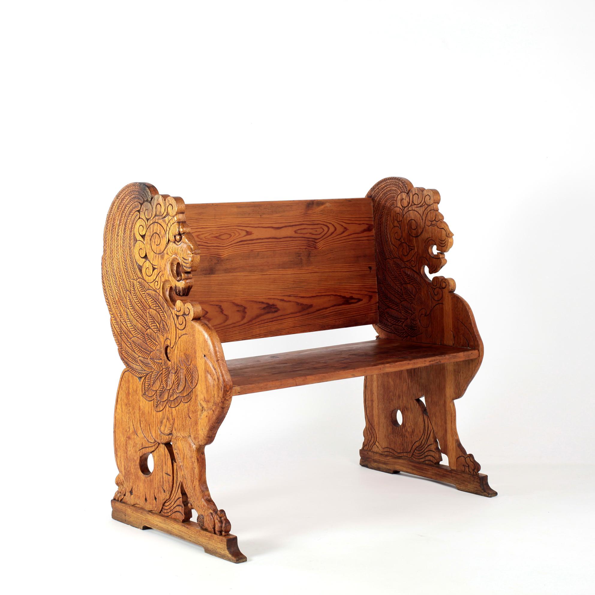 Swedish Early 20th Century Carved Lion Bench Oak and Pine Sweden