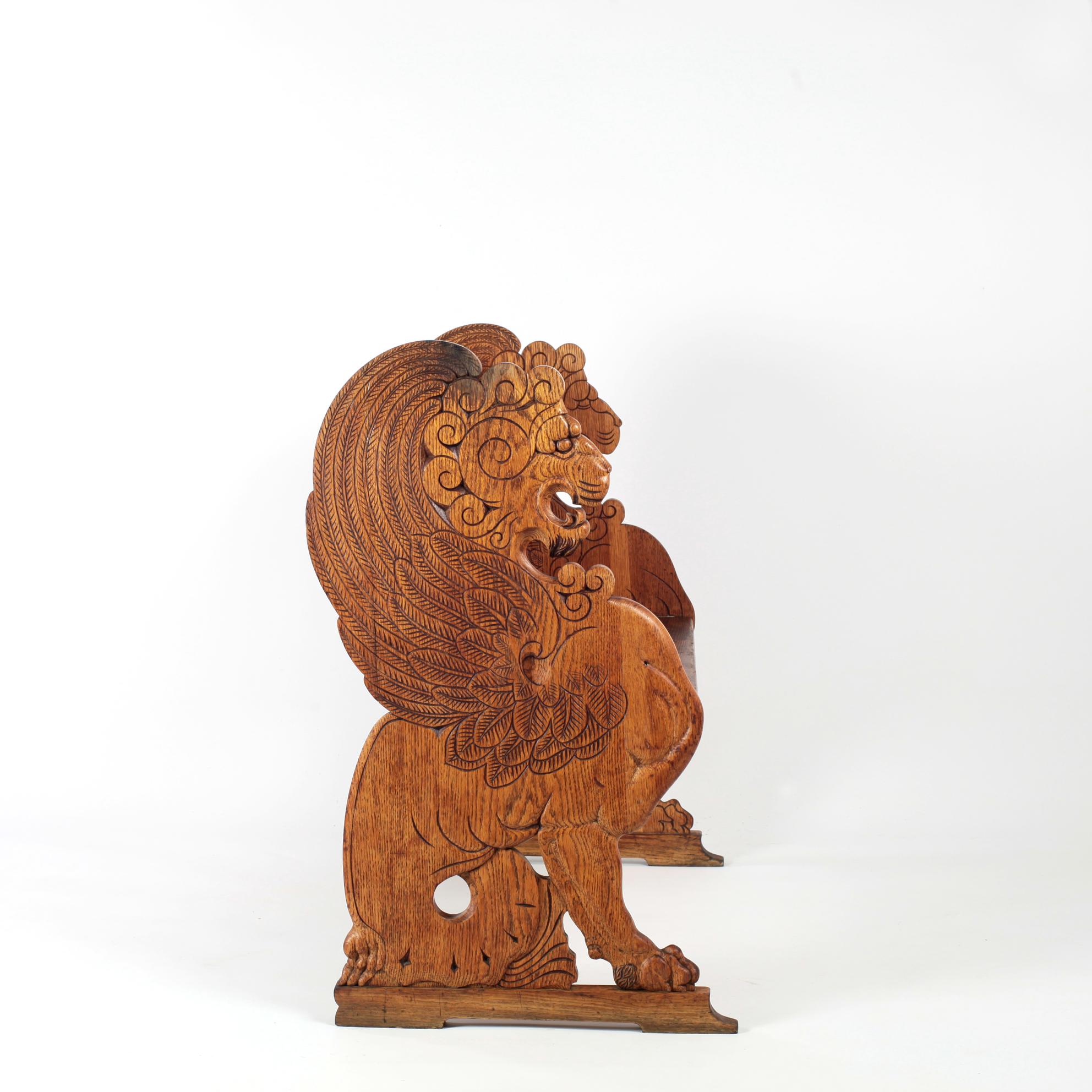 Swedish Early 20th Century Carved Lion Bench Oak and Pine Sweden For Sale