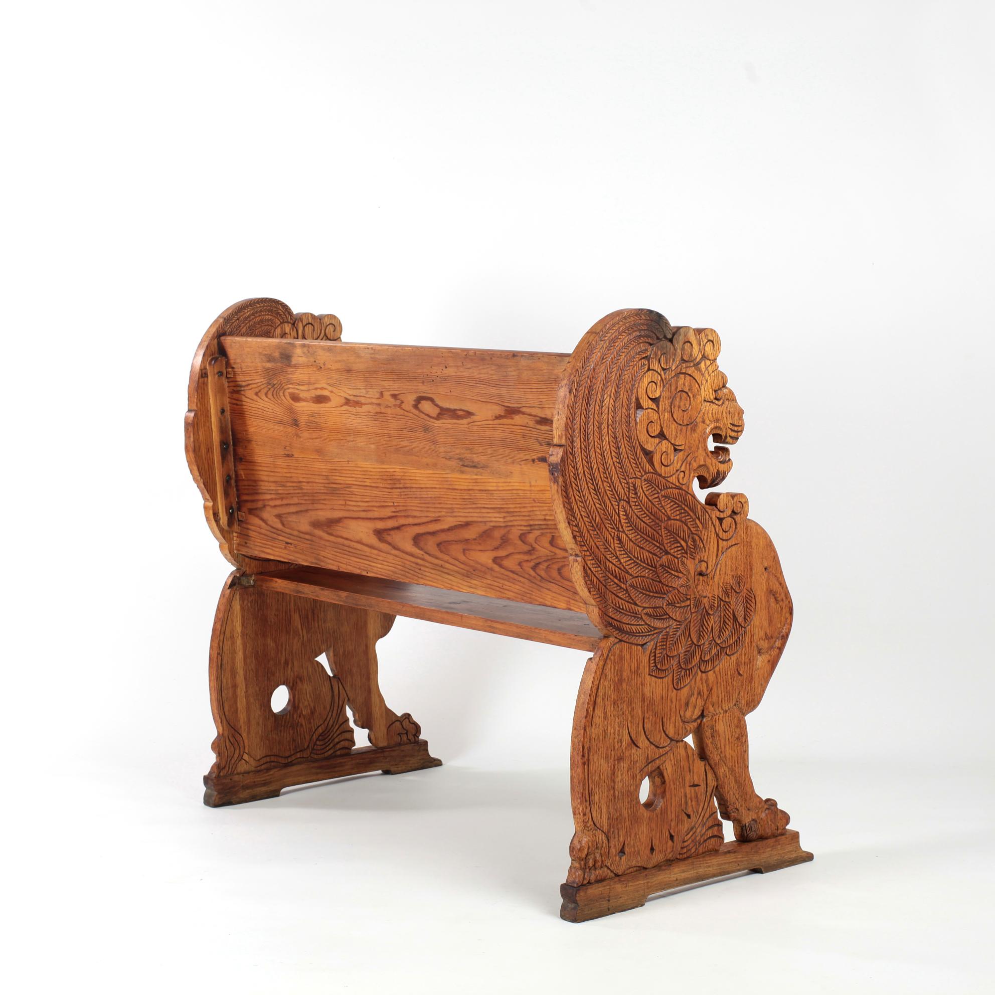 Early 20th Century Carved Lion Bench Oak and Pine Sweden 1