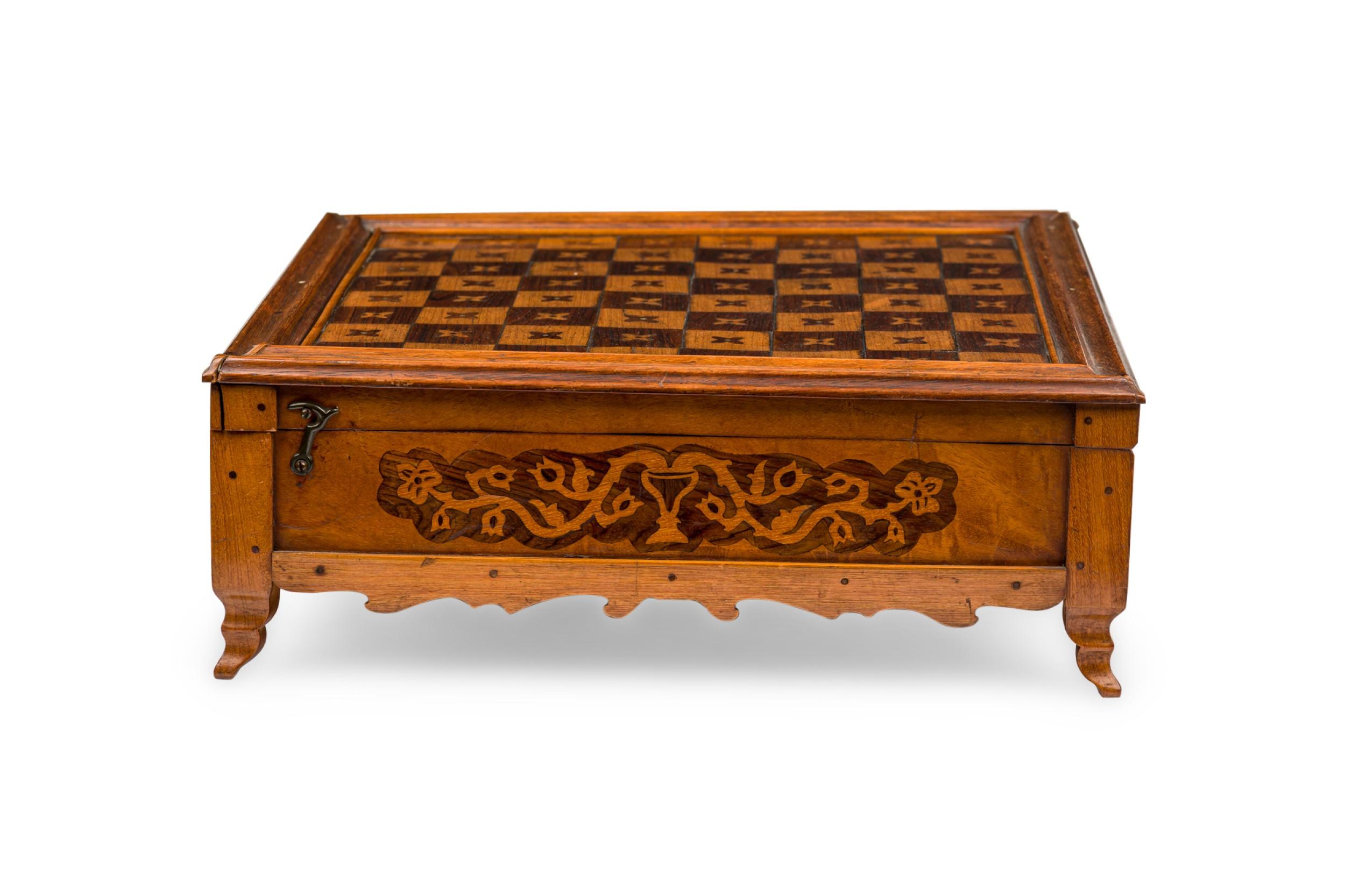 Victorian Early 20th Century Carved Mahogany, Cocobolo & Mother-of-Pearl Game Box For Sale