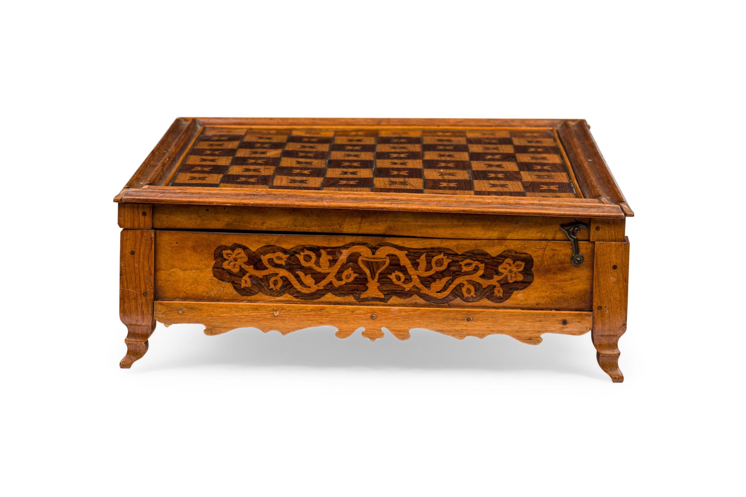 Veneer Early 20th Century Carved Mahogany, Cocobolo & Mother-of-Pearl Game Box For Sale