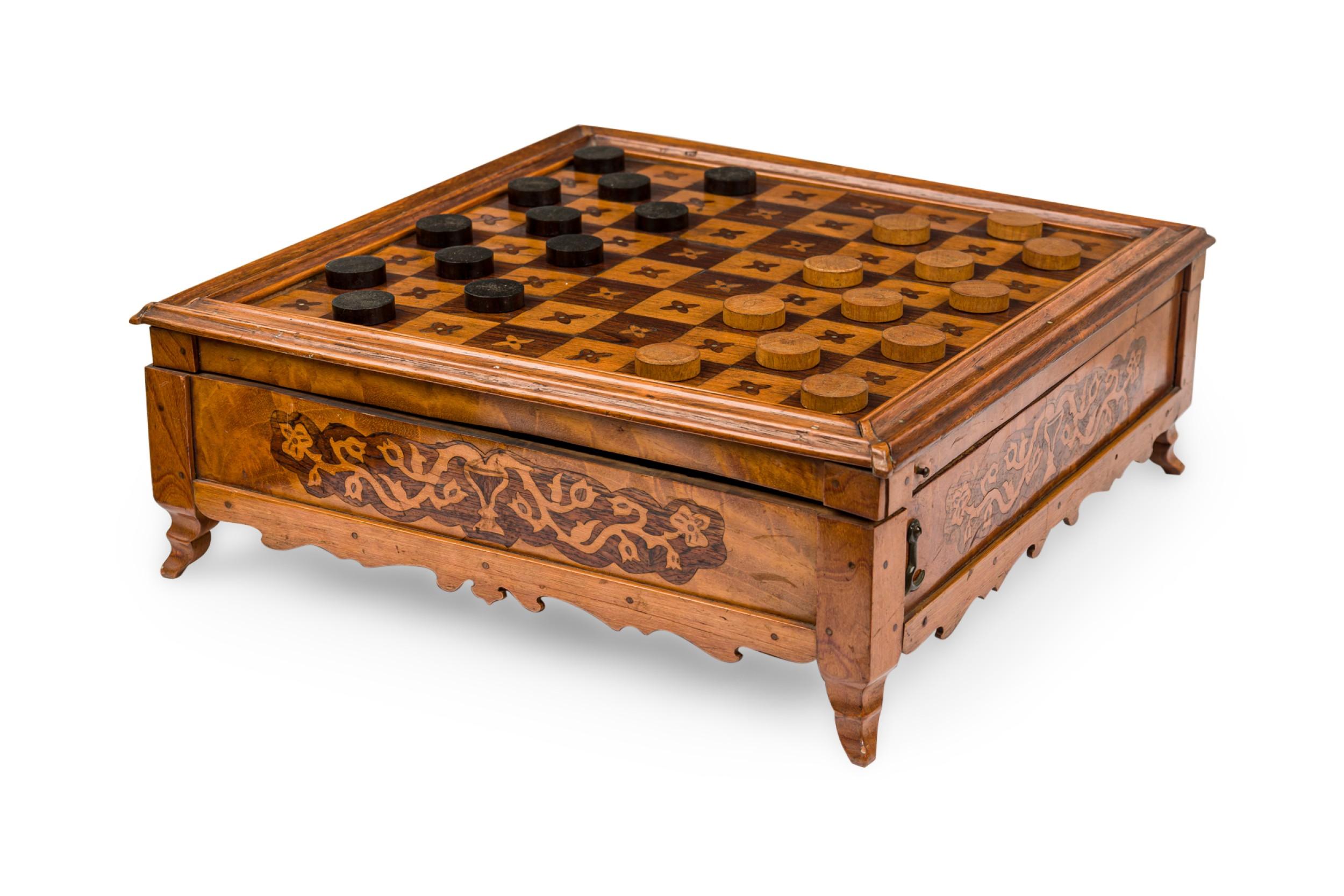Early 20th Century Carved Mahogany, Cocobolo & Mother-of-Pearl Game Box For Sale 3