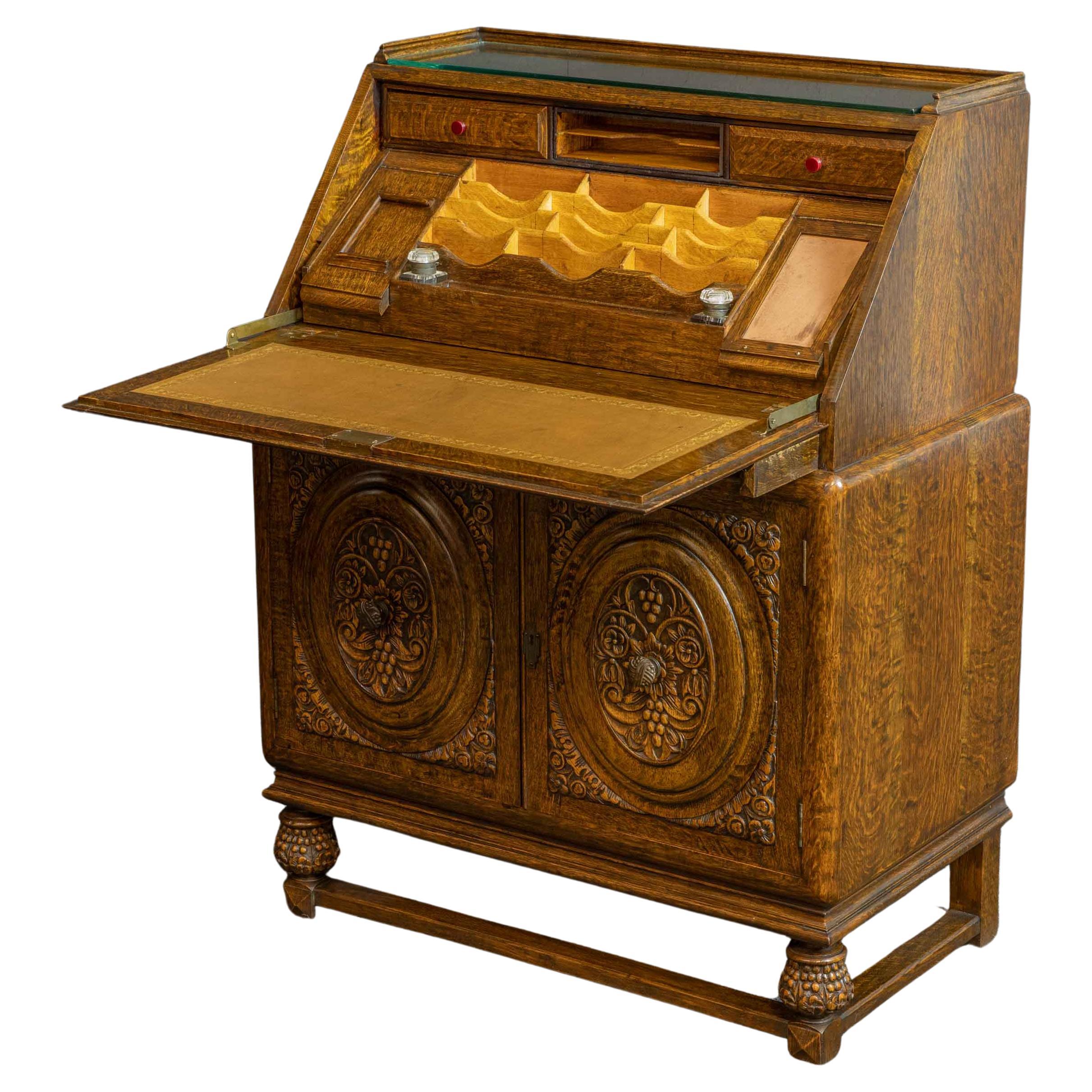 Early 20th Century Carved Oak Bureau For Sale