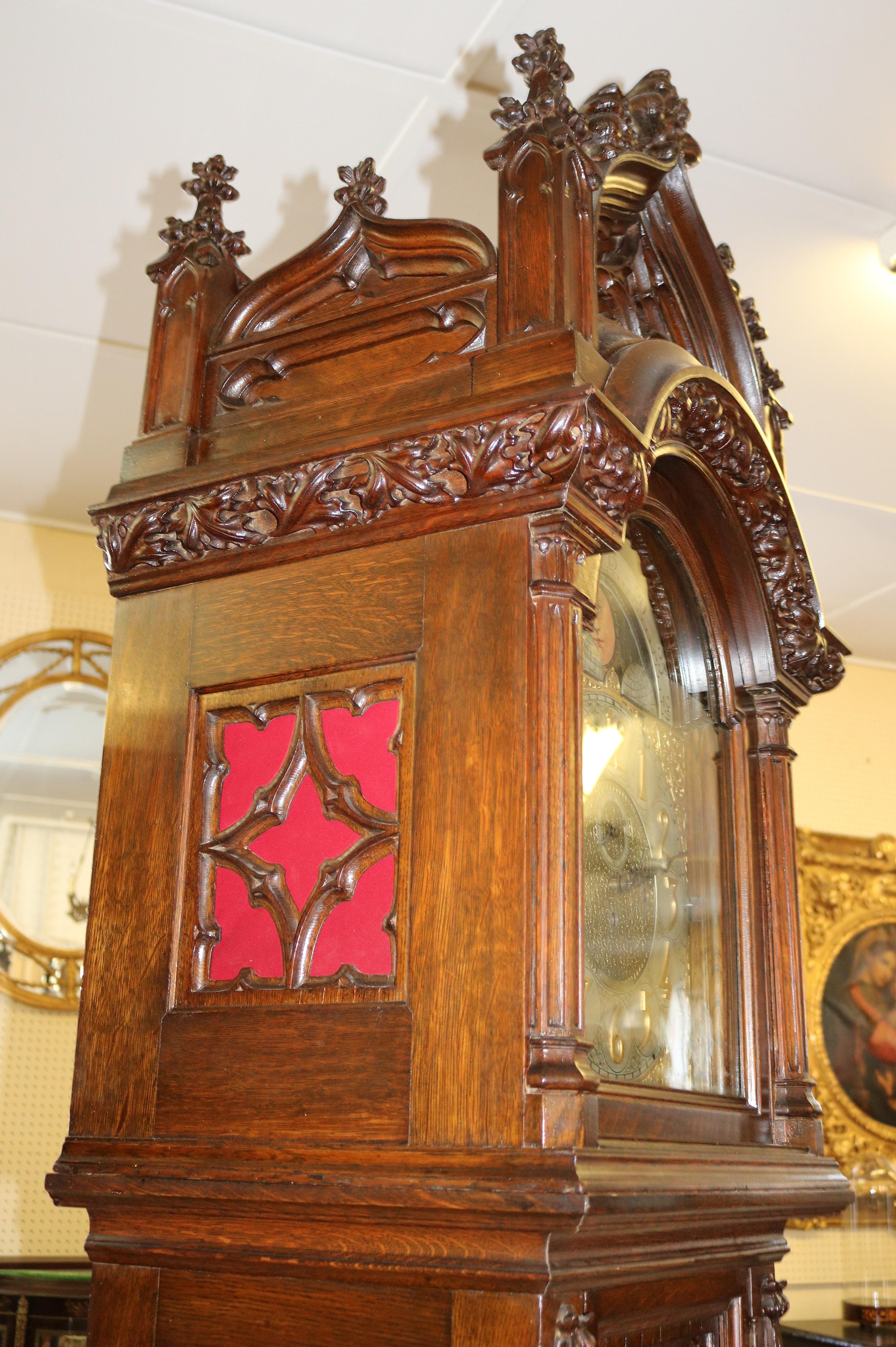 Early 20th Century Carved Oak Gothic 5 Gong Tall Case Grandfather Clock 3