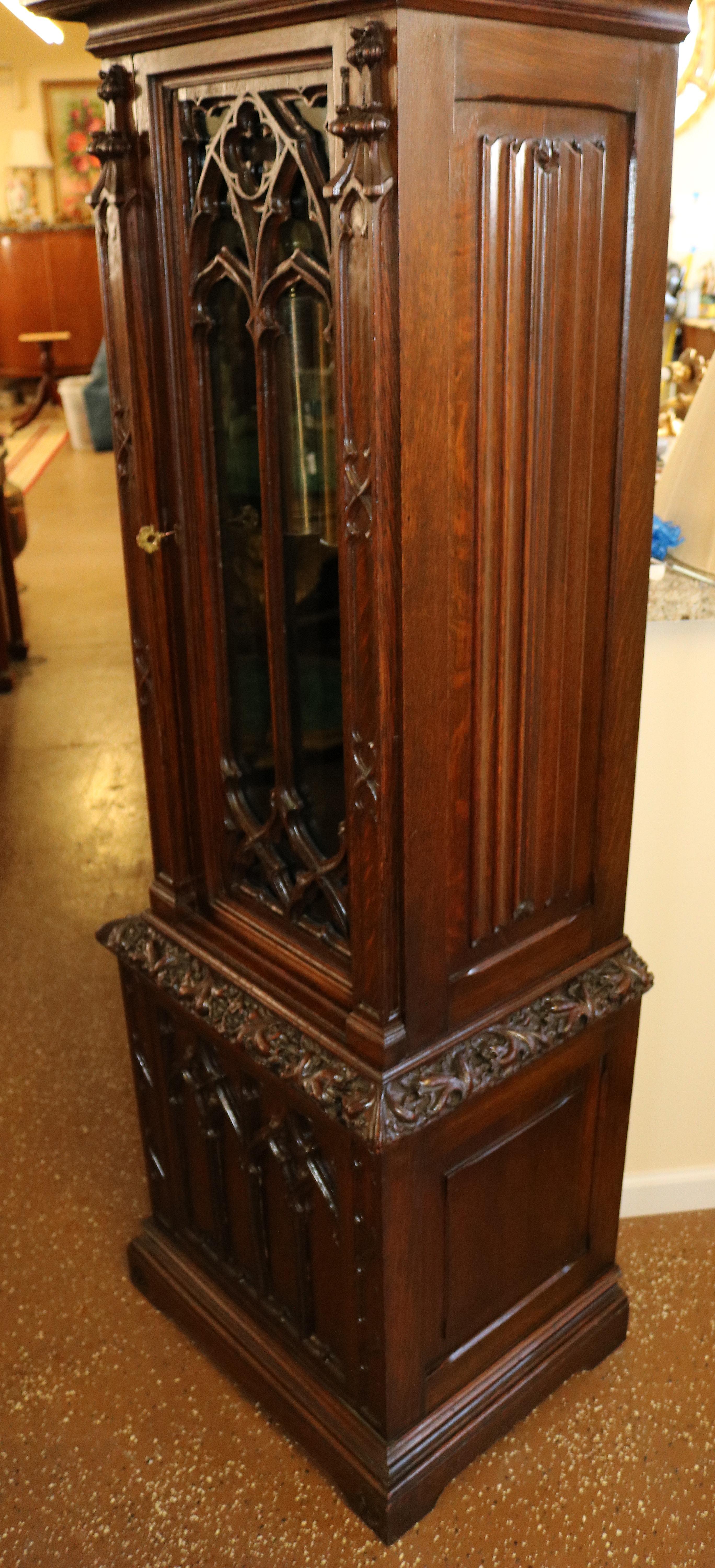 Early 20th Century Carved Oak Gothic 5 Gong Tall Case Grandfather Clock 5