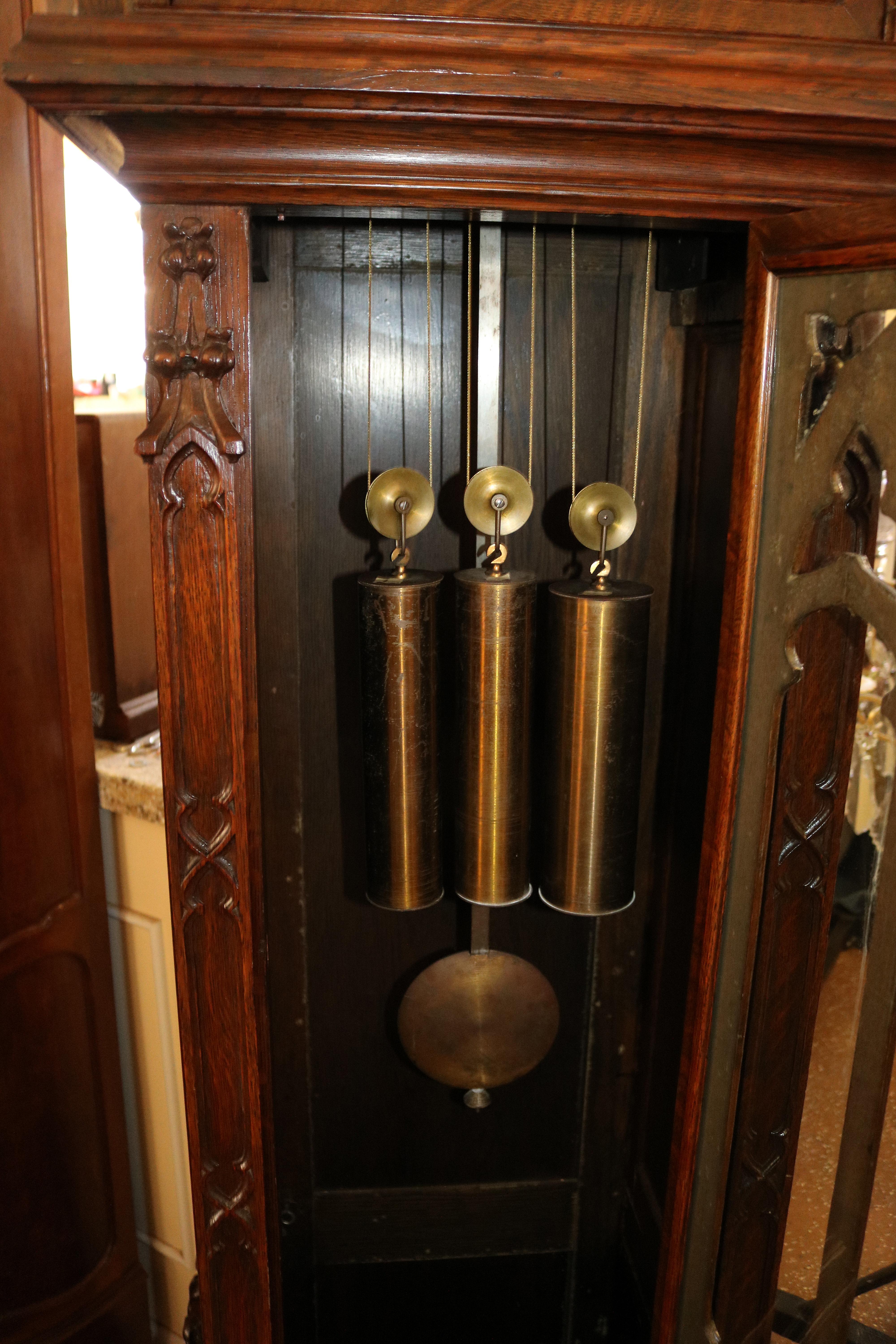 Early 20th Century Carved Oak Gothic 5 Gong Tall Case Grandfather Clock 6