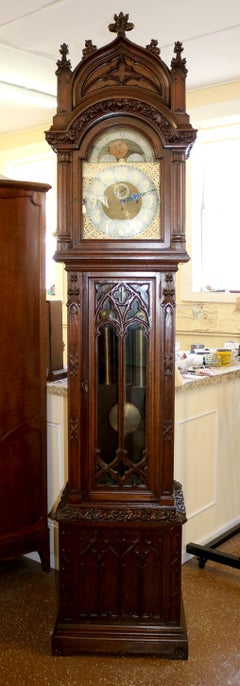 Early 20th Century Carved Oak Gothic 5 Gong Tall Case Grandfather Clock