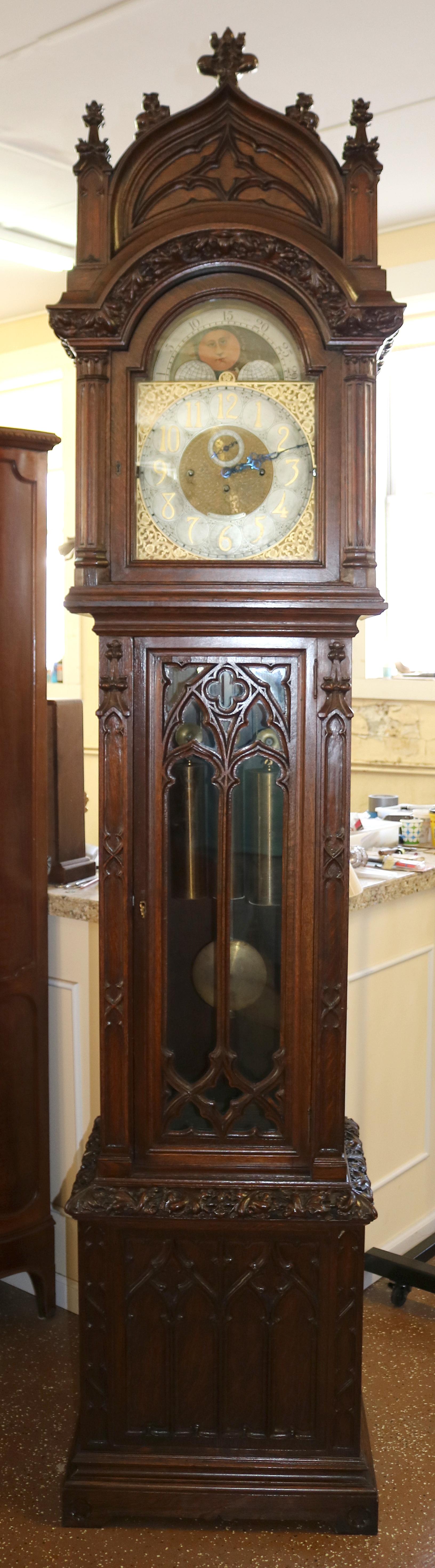 American Early 20th Century Carved Oak Gothic 5 Gong Tall Case Grandfather Clock