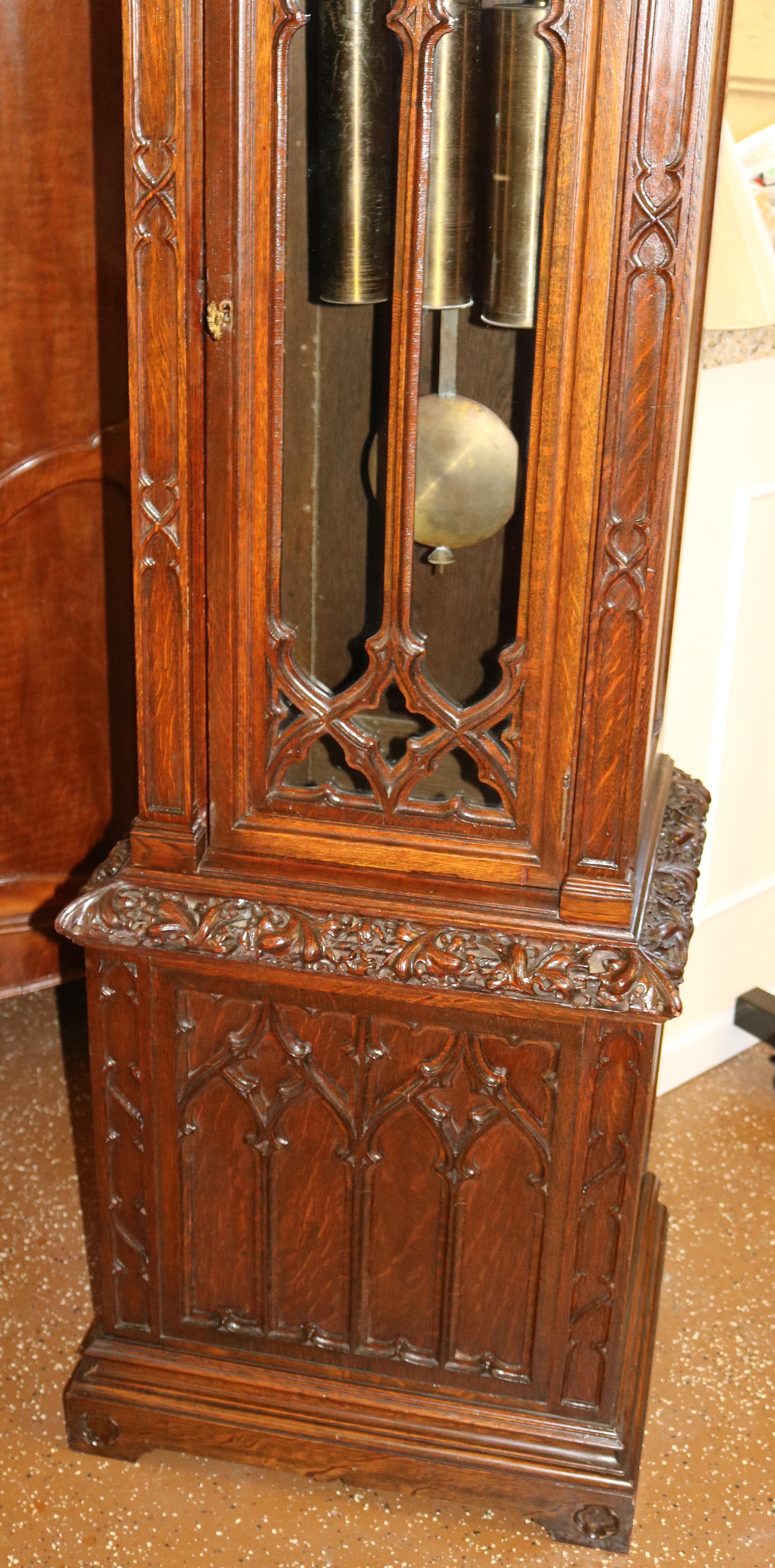 Hand-Carved Early 20th Century Carved Oak Gothic 5 Gong Tall Case Grandfather Clock