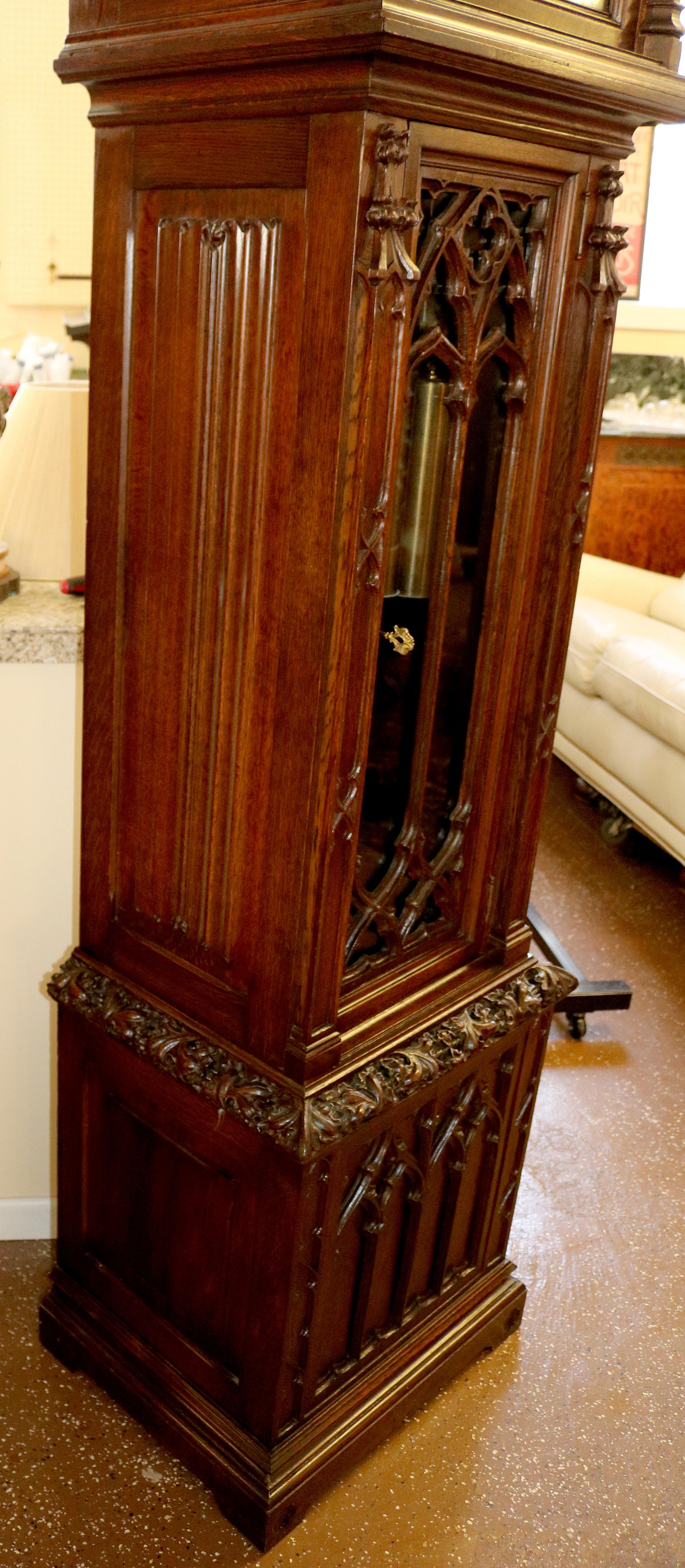 Early 20th Century Carved Oak Gothic 5 Gong Tall Case Grandfather Clock 2