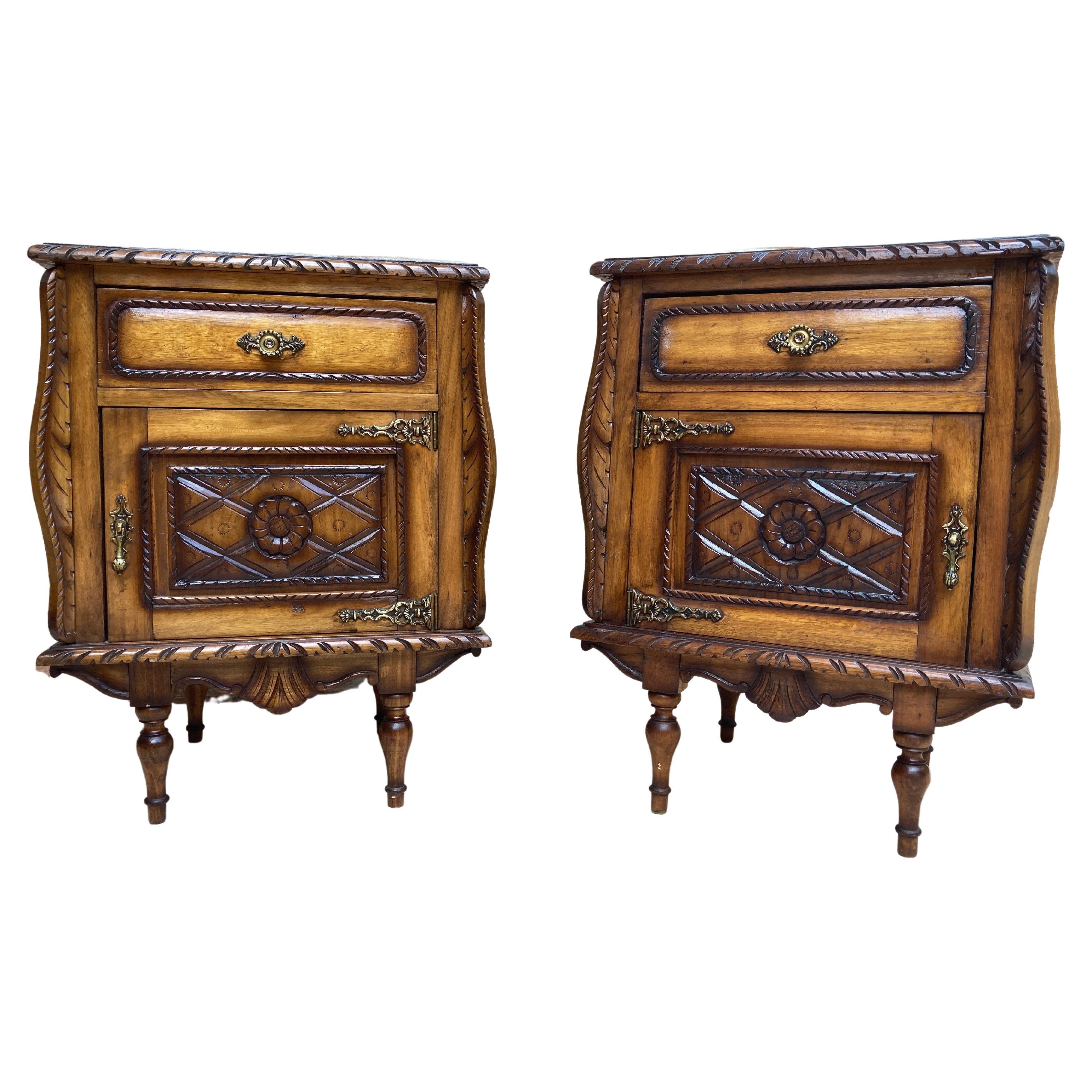 Early 20th Century Carved Oak Nightstands, 1940s, Set of 2 For Sale