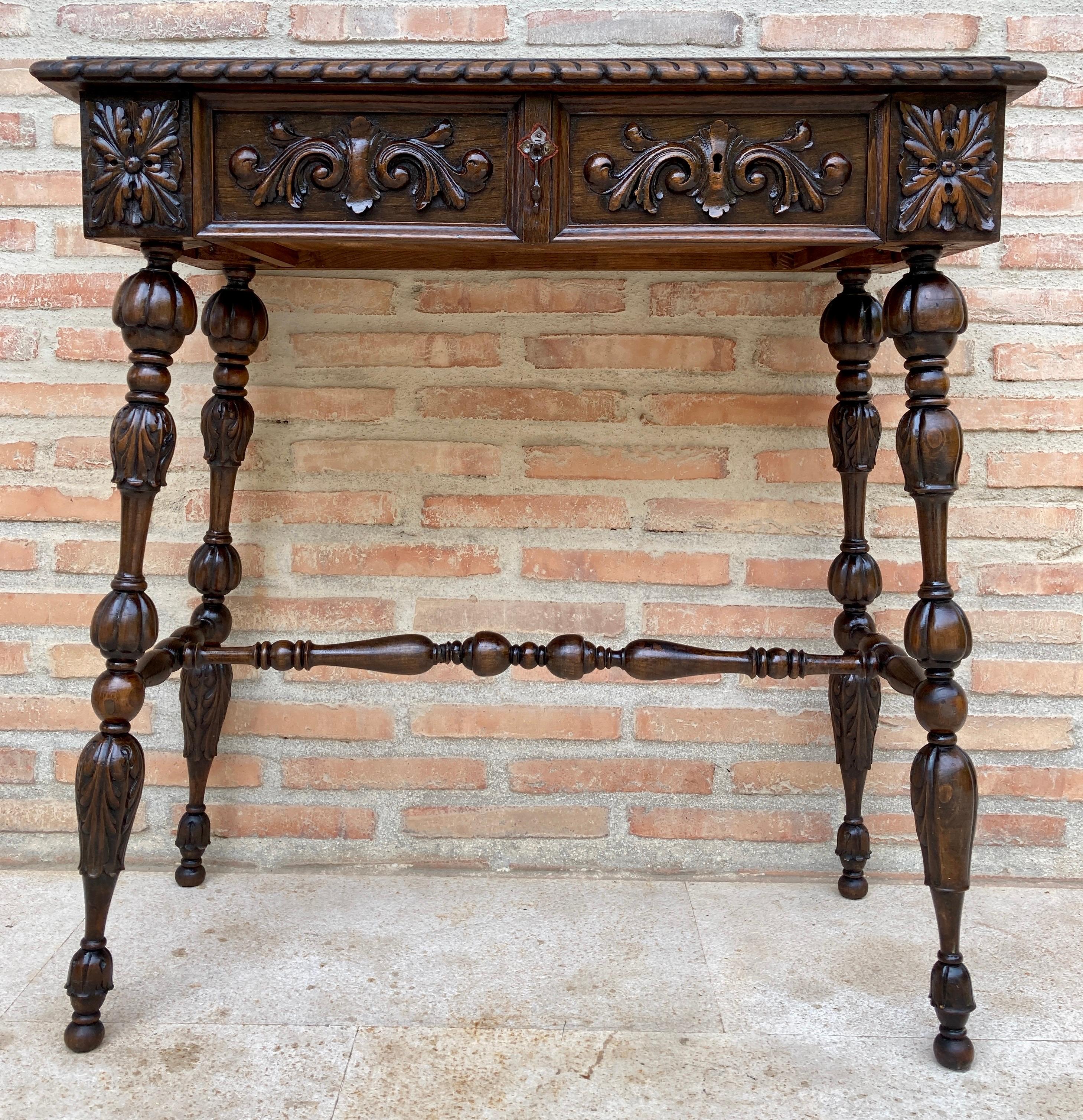 Baroque Early 20th Century Carved Oak Table with One Drawer, 1940s For Sale