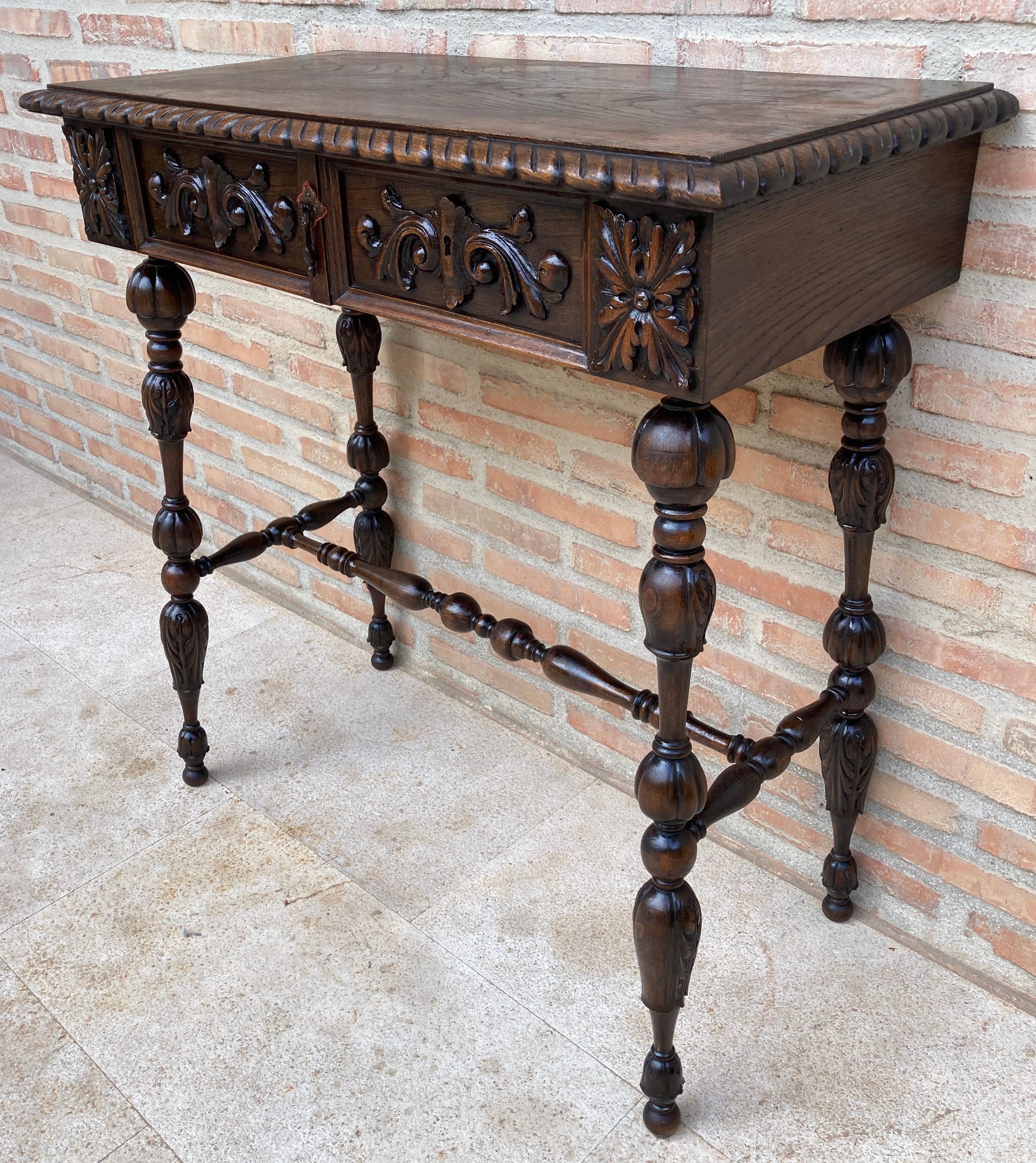Spanish Early 20th Century Carved Oak Table with One Drawer, 1940s For Sale