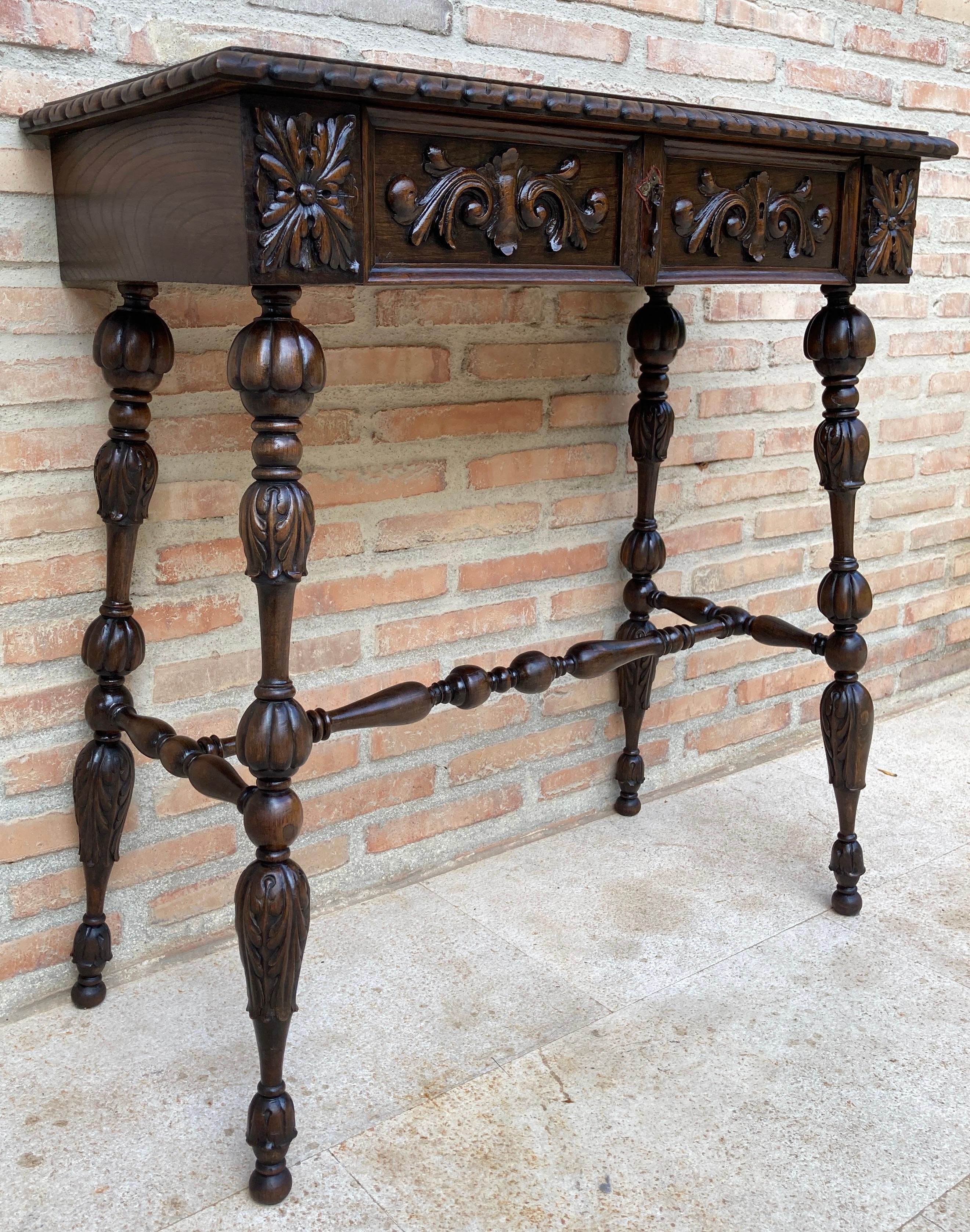 Walnut Early 20th Century Carved Oak Table with One Drawer, 1940s For Sale
