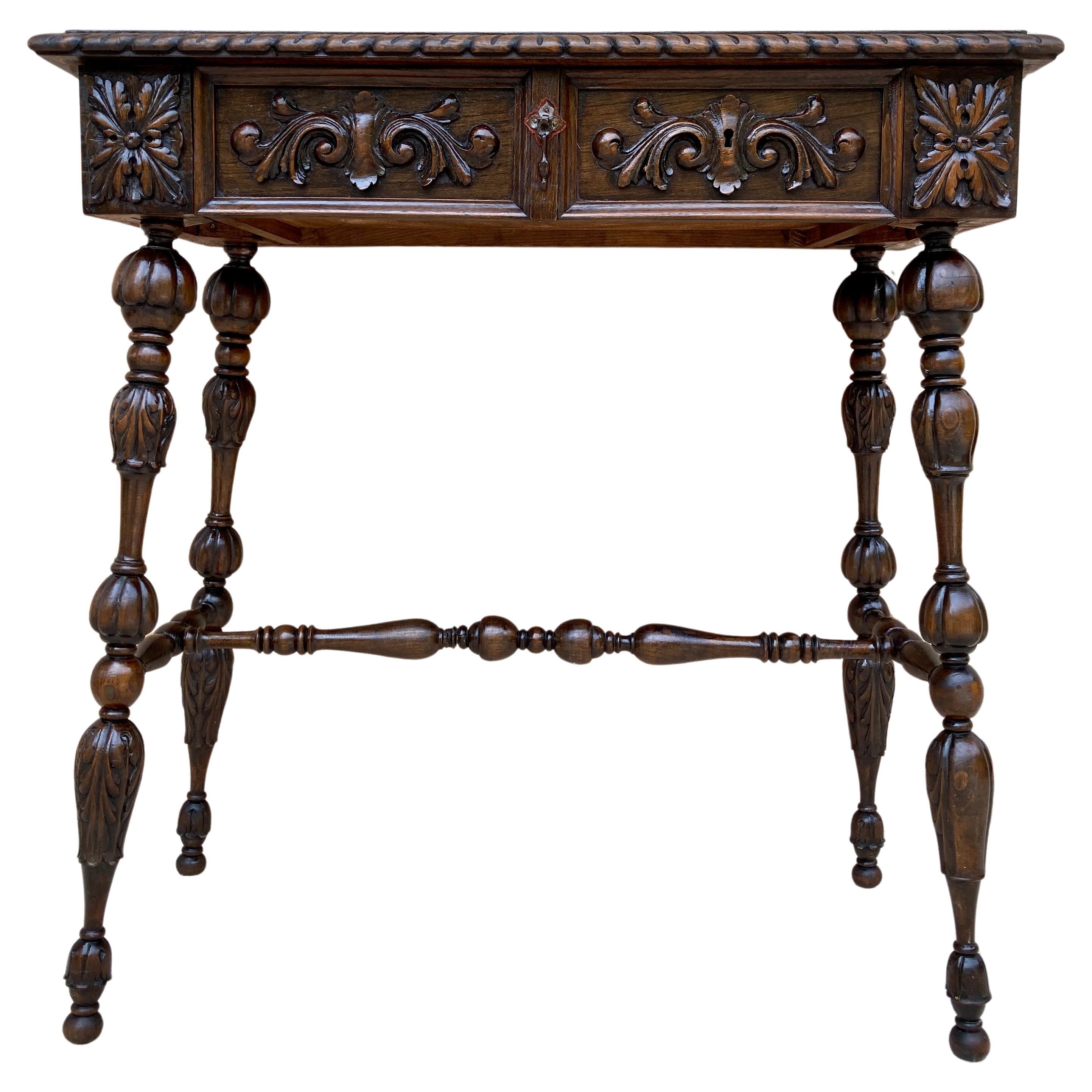 Early 20th Century Carved Oak Table with One Drawer, 1940s For Sale