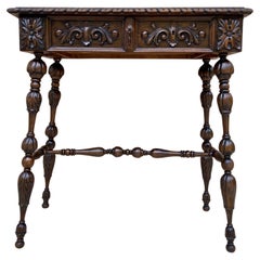 Early 20th Century Carved Oak Table with One Drawer, 1940s