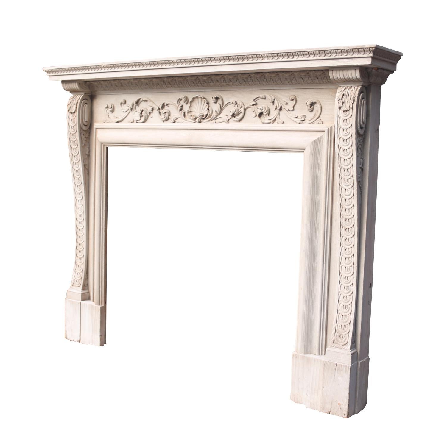 This beautifully hand carved English pine surround has been sandblasted and finished with grey wash color paint. 

There are minor losses and wear associated with age.

Height 135 cm

Width 174.5 cm

Depth 25 cm

Opening height 97.5