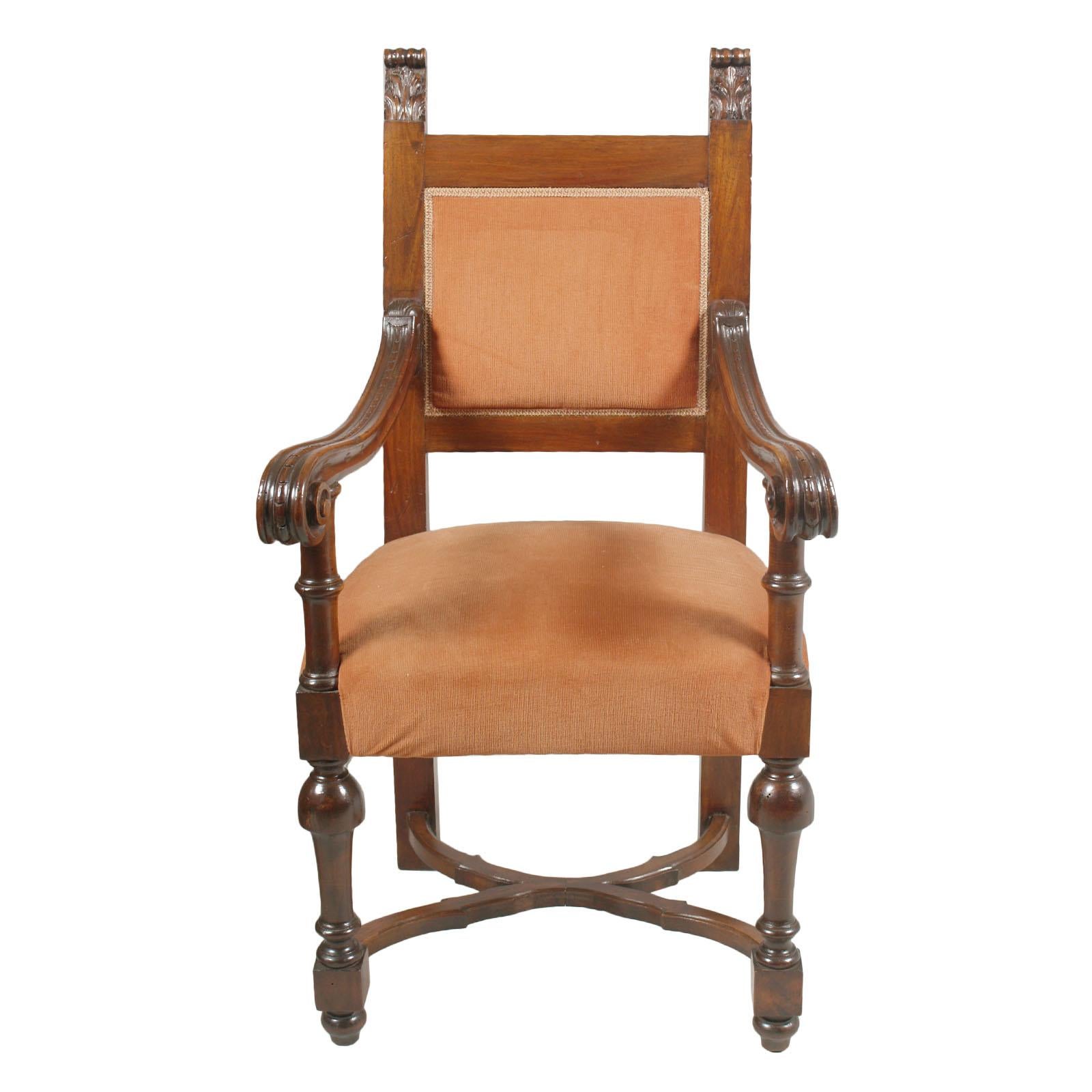 Hand-Carved Early 20th Century Carved Renaissance Tuscany Throne Armchair, Wax-Polished For Sale