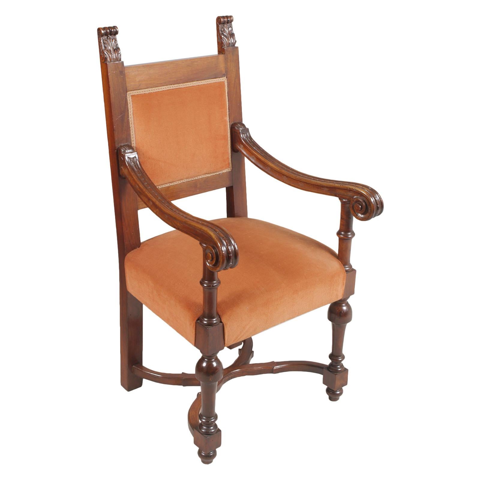 Early 20th Century Carved Renaissance Tuscany Throne Armchair, Wax-Polished For Sale